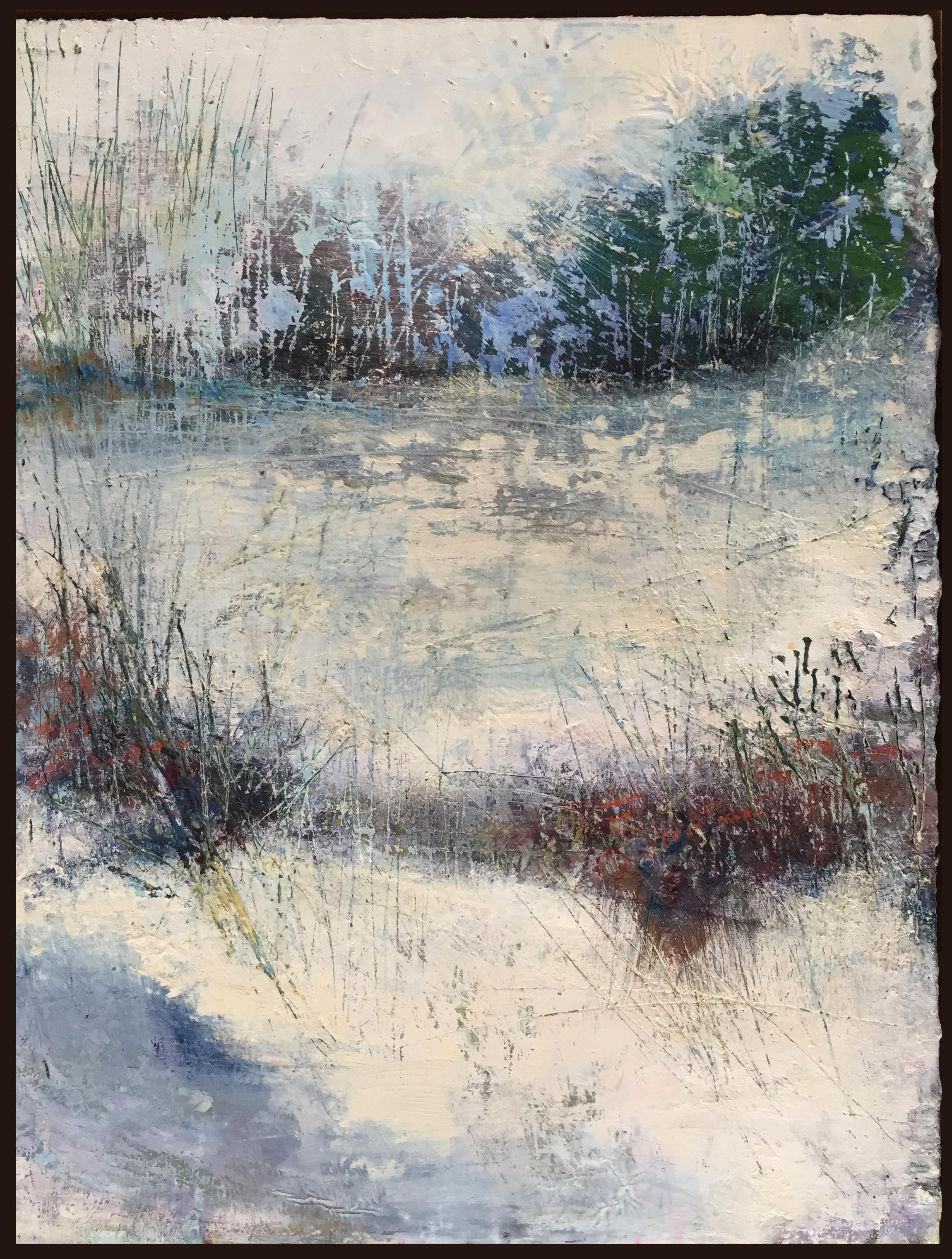 "As Winter Gives Way", pittura a olio, encausto, paesaggio, campo, neve, stagioni