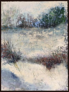 "As Winter Gives Way", oil painting, encaustic, landscape, field, snow, seasons