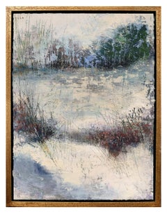 "As Winter Gives Way", oil painting, encaustic, landscape, field, snow, seasons