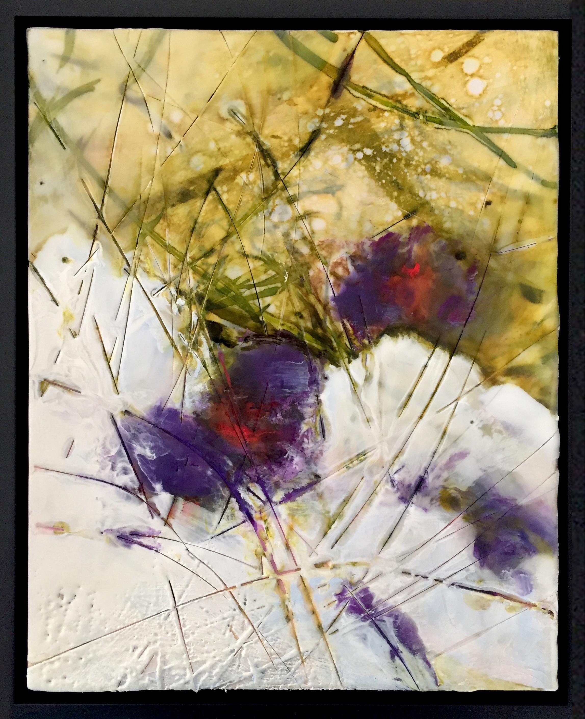 « Neige sur Crocus », peinture à l'huile, à l'encaustique, paysage, fleur, saison hivernale