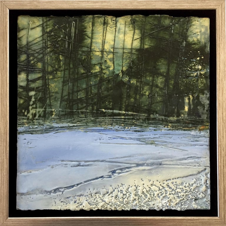 Regina Quinn Landscape Painting - "Forest Edge", oil painting, encaustic, landscape, snow, trees, green, blue