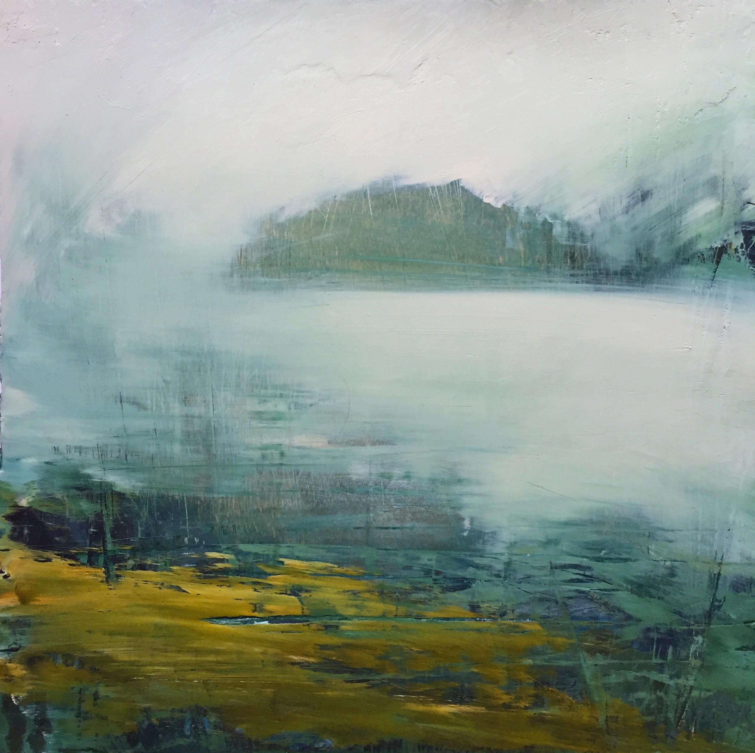 Regina Quinn  Landscape Painting - "Dawn", oil painting, encaustic, landscape, fog, Hudson River, water, flora