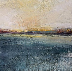 "Frozen Reservoir", oil painting, encaustic, landscape, ice, sun, winter sky