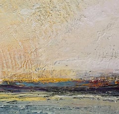 "Frozen Reservoir", oil painting, encaustic, landscape, ice, sun, winter sky