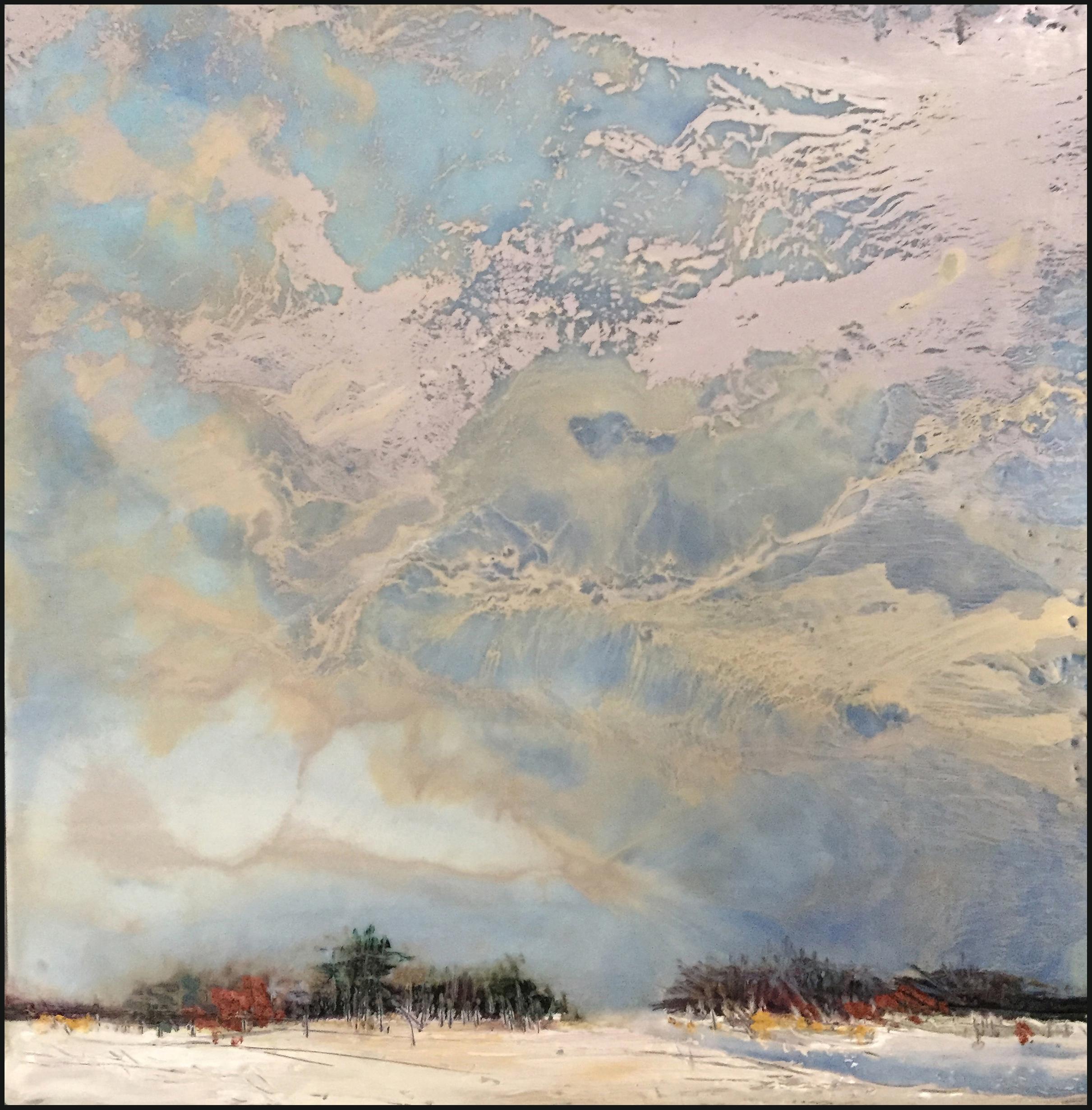 Regina Quinn  Landscape Painting - "February", oil painting, encaustic, landscape, snow, trees, sky, cloud, winter