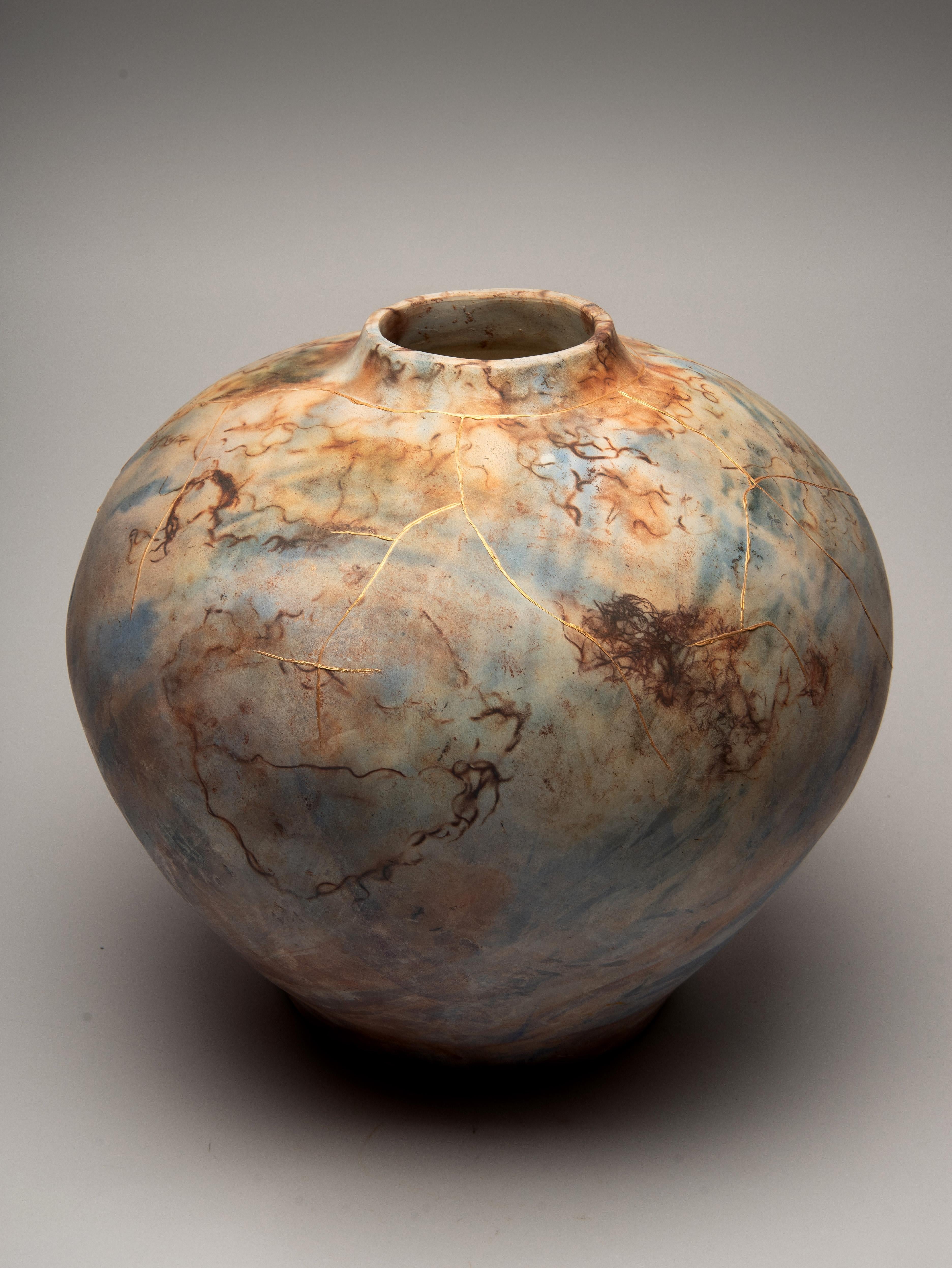 "Kintsugi Moon Jar", ceramic sculpture, porcelain vase, gold blue brown, saggar - Mixed Media Art by Alison Brannen