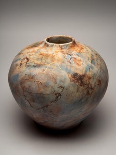 "Kintsugi Moon Jar", ceramic sculpture, porcelain vase, gold blue brown, saggar