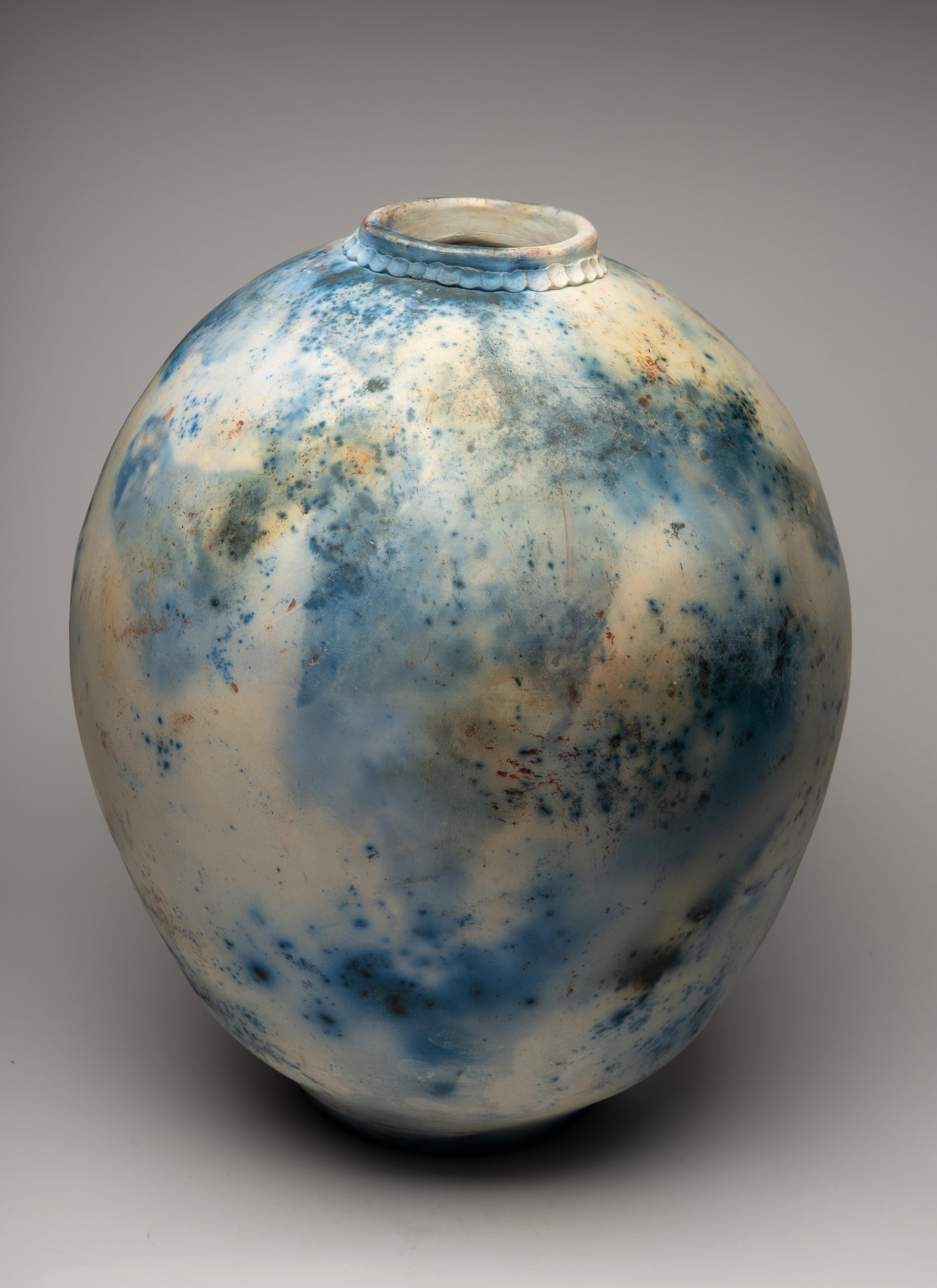 Alison Brannen Abstract Sculpture - "Spotted Blue Moon Jar", ceramic sculpture, porcelain vase, saggar fire, cobalt