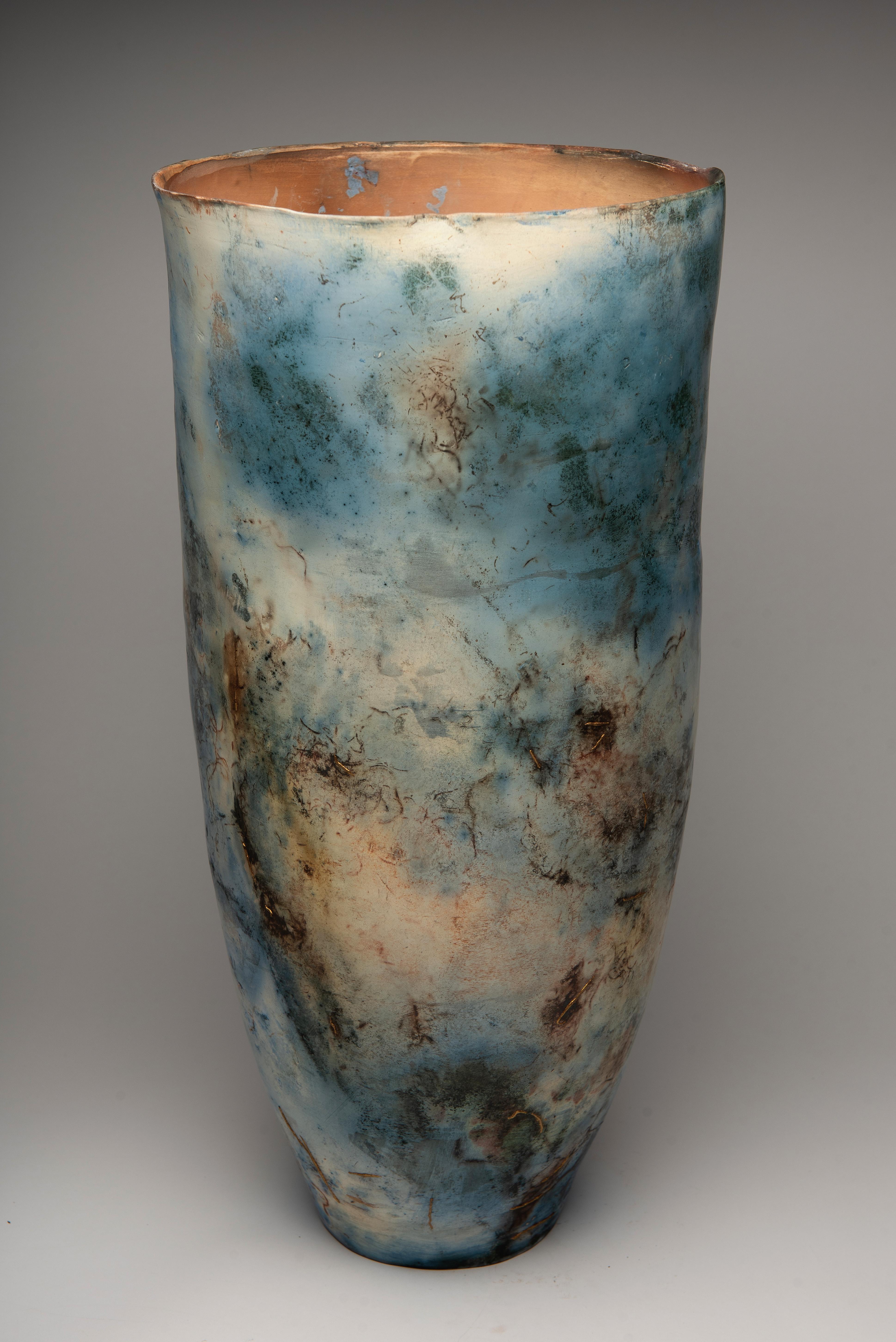 "Ocean Coral", ceramic sculpture, porcelain vase, saggar, cobalt blue, copper - Mixed Media Art by Alison Brannen