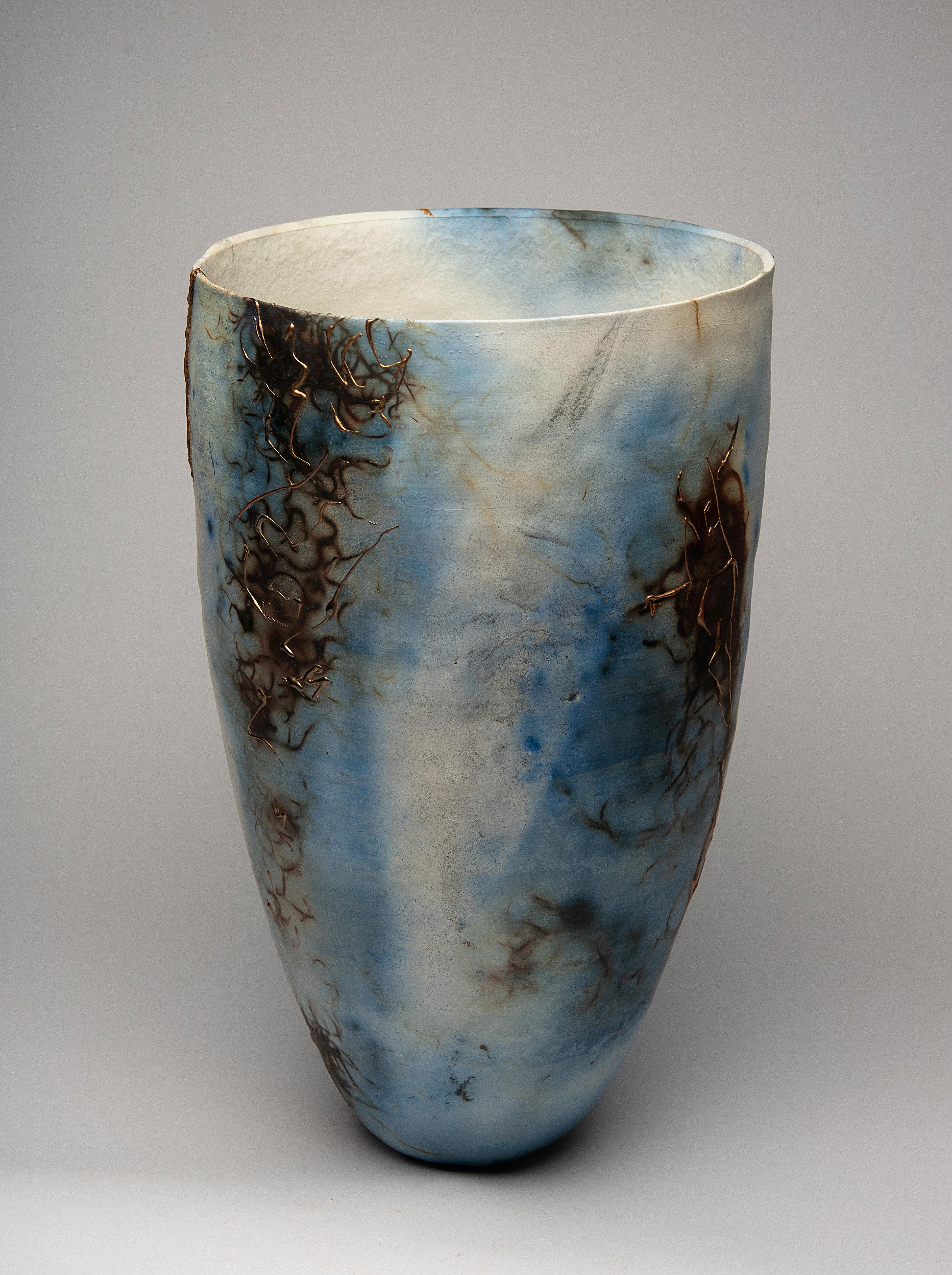 Alison Brannen Abstract Sculpture - "Blue Lagoon", ceramic sculpture, porcelain vase, saggar, blue, copper, gold