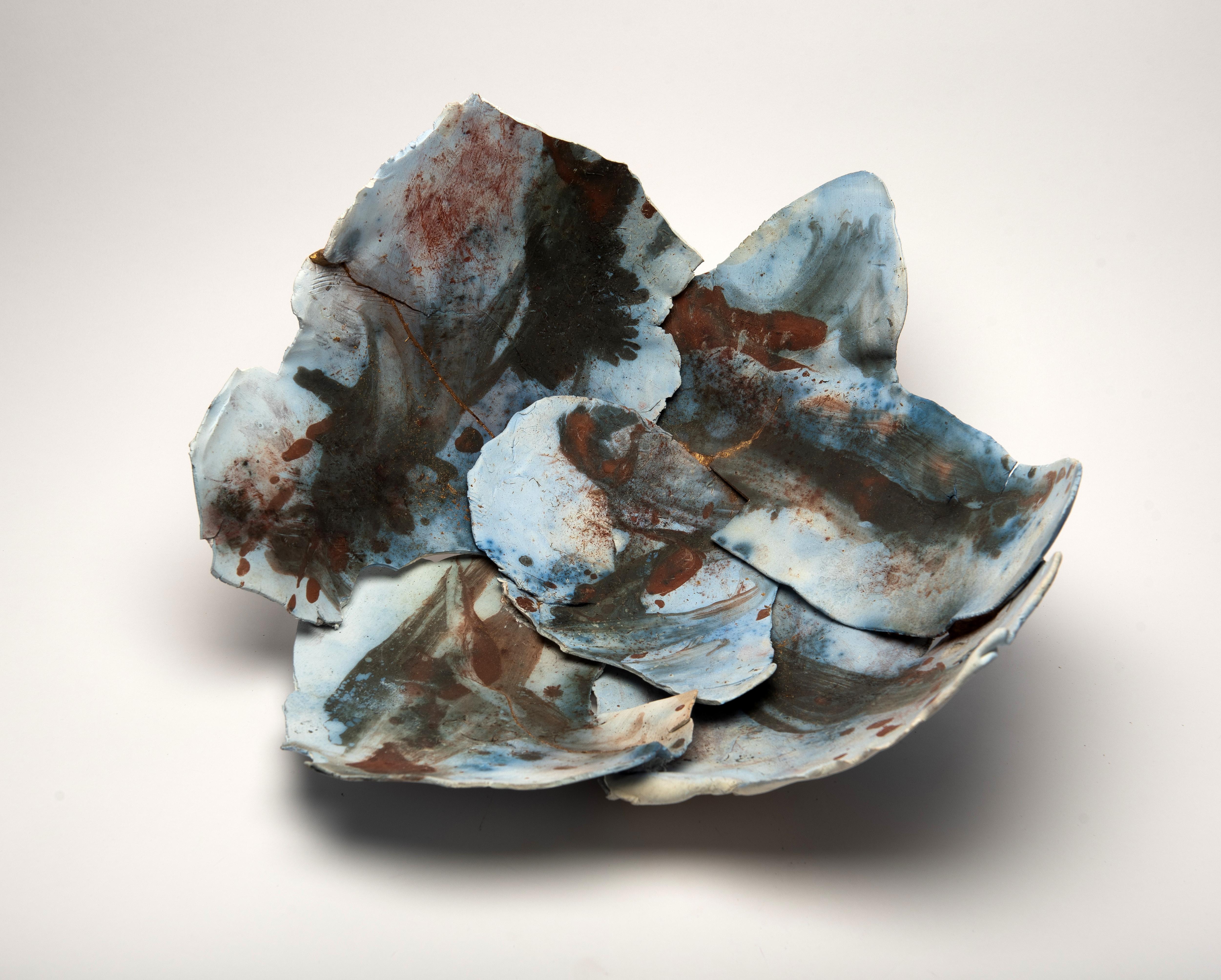 Alison Brannen Abstract Sculpture - "Approaching Storm", ceramic sculpture, porcelain shards, saggar, blue, copper