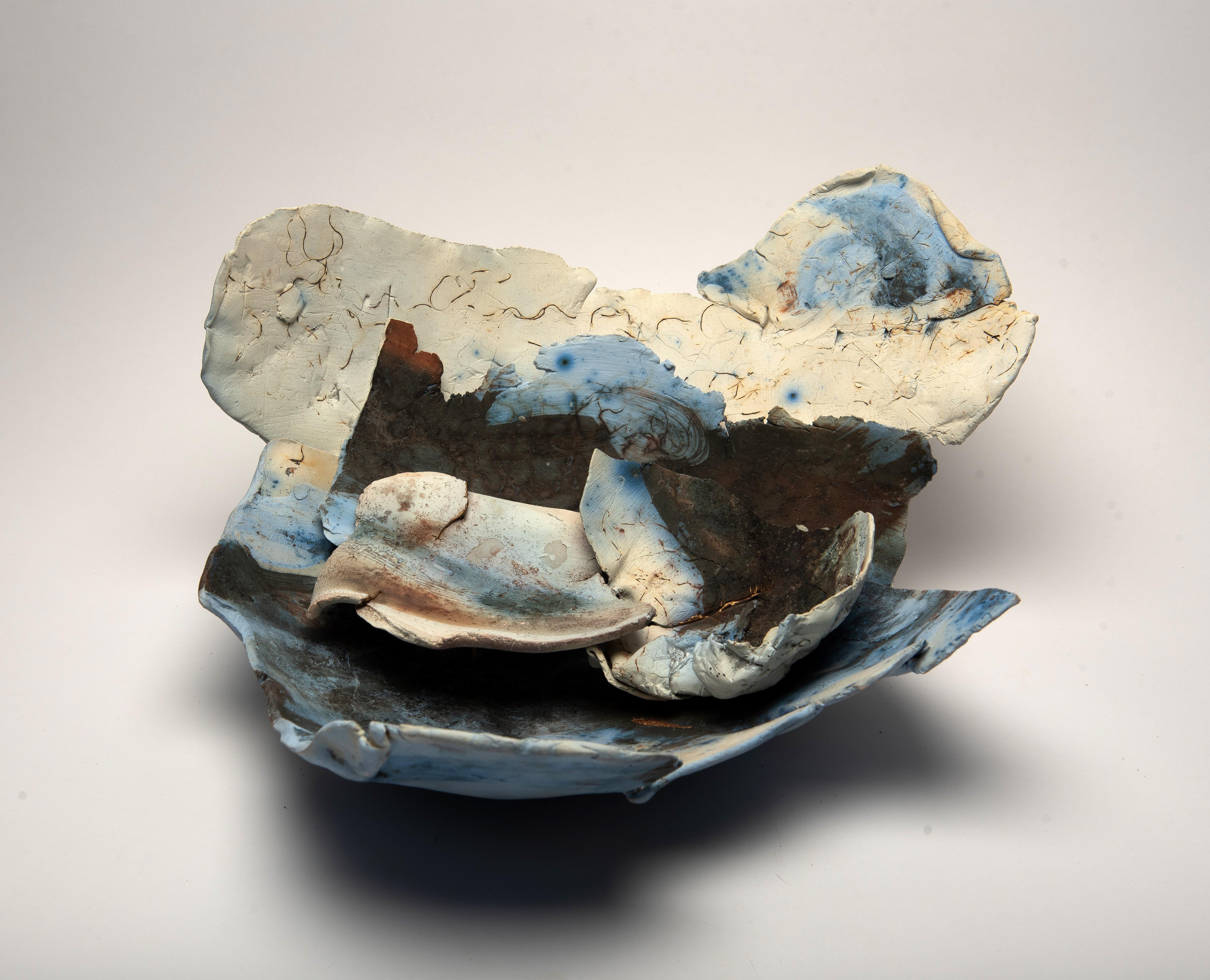 Alison Brannen Abstract Sculpture - "Midnight Over Mountains", ceramic sculpture, porcelain shards, blue, copper