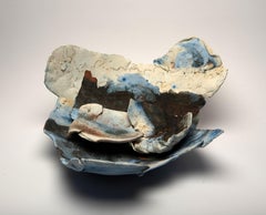 "Midnight Over Mountains", ceramic sculpture, porcelain shards, blue, copper
