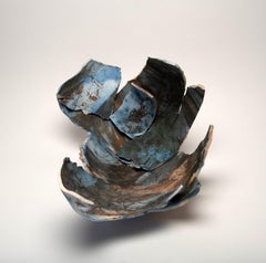 "Ocean Canyon", ceramic sculpture, porcelain shards, saggar, blue, rust Kintsugi