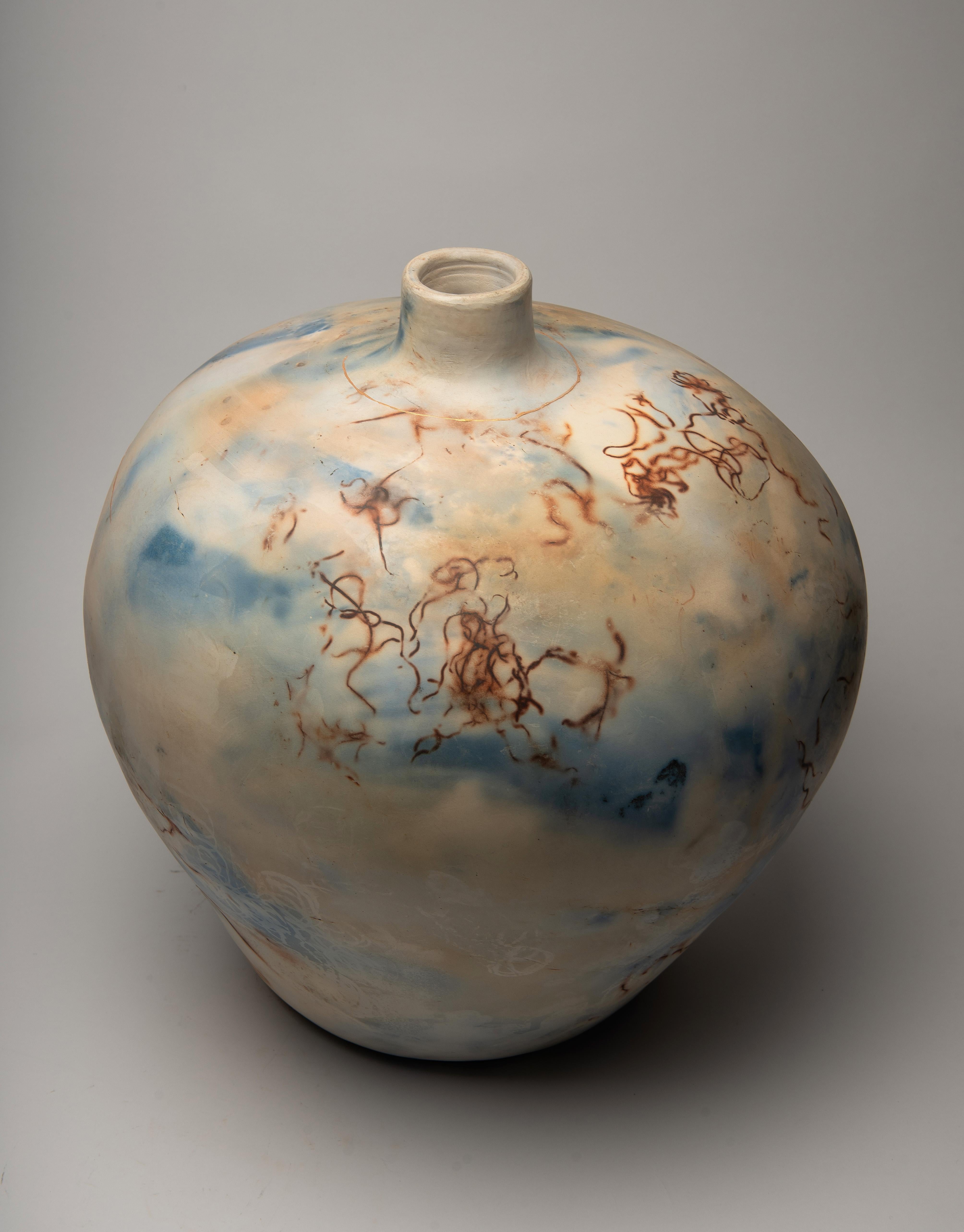 Alison Brannen Nude Sculpture - "Floating Blue Moon Jar", ceramic sculpture, porcelain vase, blue, ochre, neck