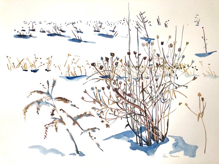 Fleur Thesmar Landscape Art - "WINTER SEEDS 3", watercolor, new england, snow, wild flowers, seeds, white, ice
