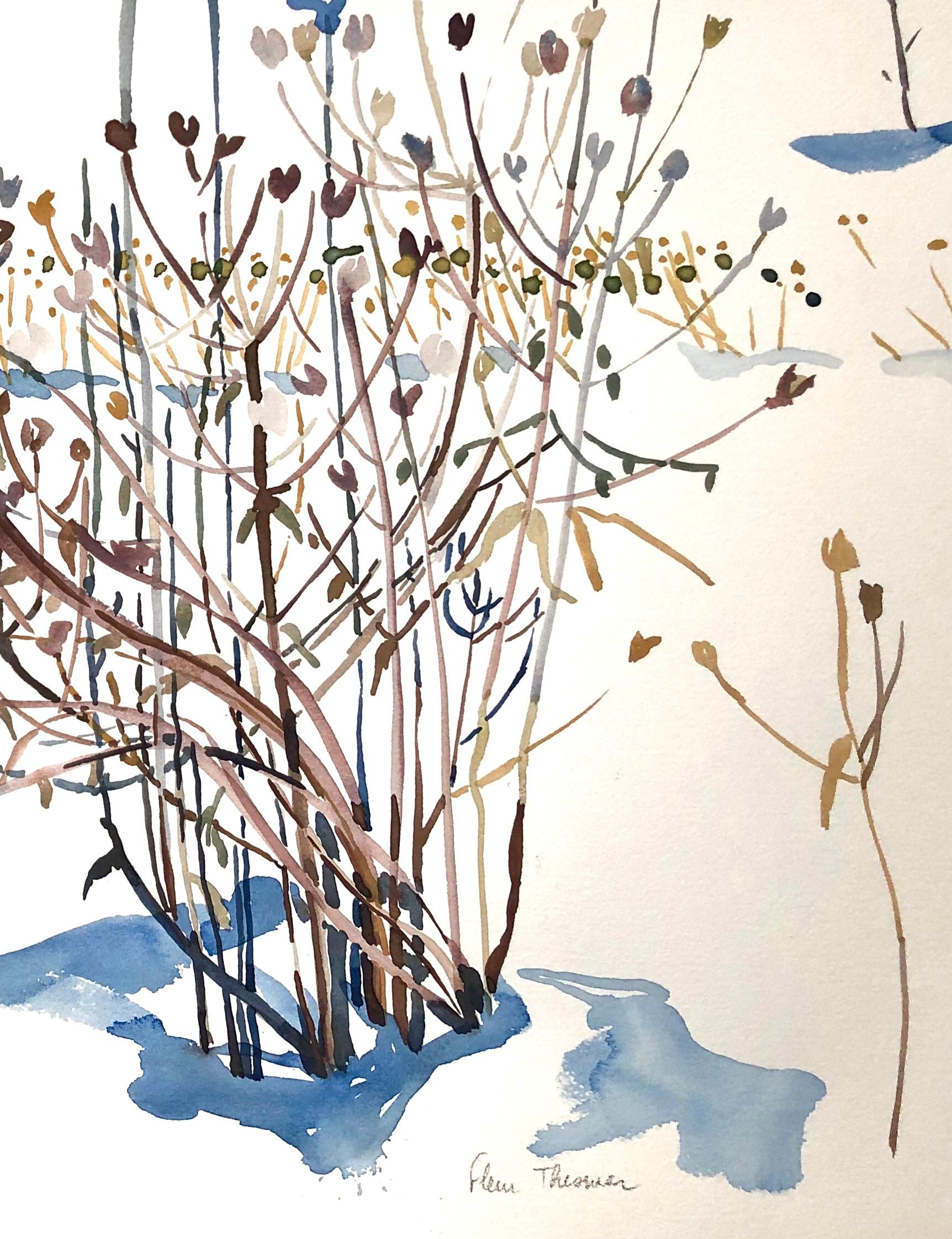 „WINTER SEEDS 3“, Aquarell, Neuengland, Schnee, Wildblumen, Samen, Weiß, Eis – Art von Fleur Thesmar