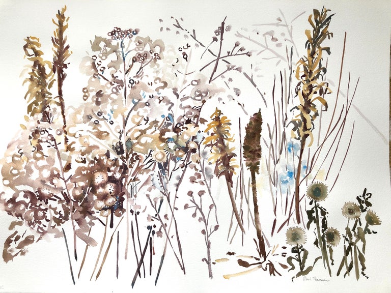 Fleur Thesmar Landscape Art - "WINTER SEEDS 4", watercolor, new england, snow, wild flowers, seeds, white, ice
