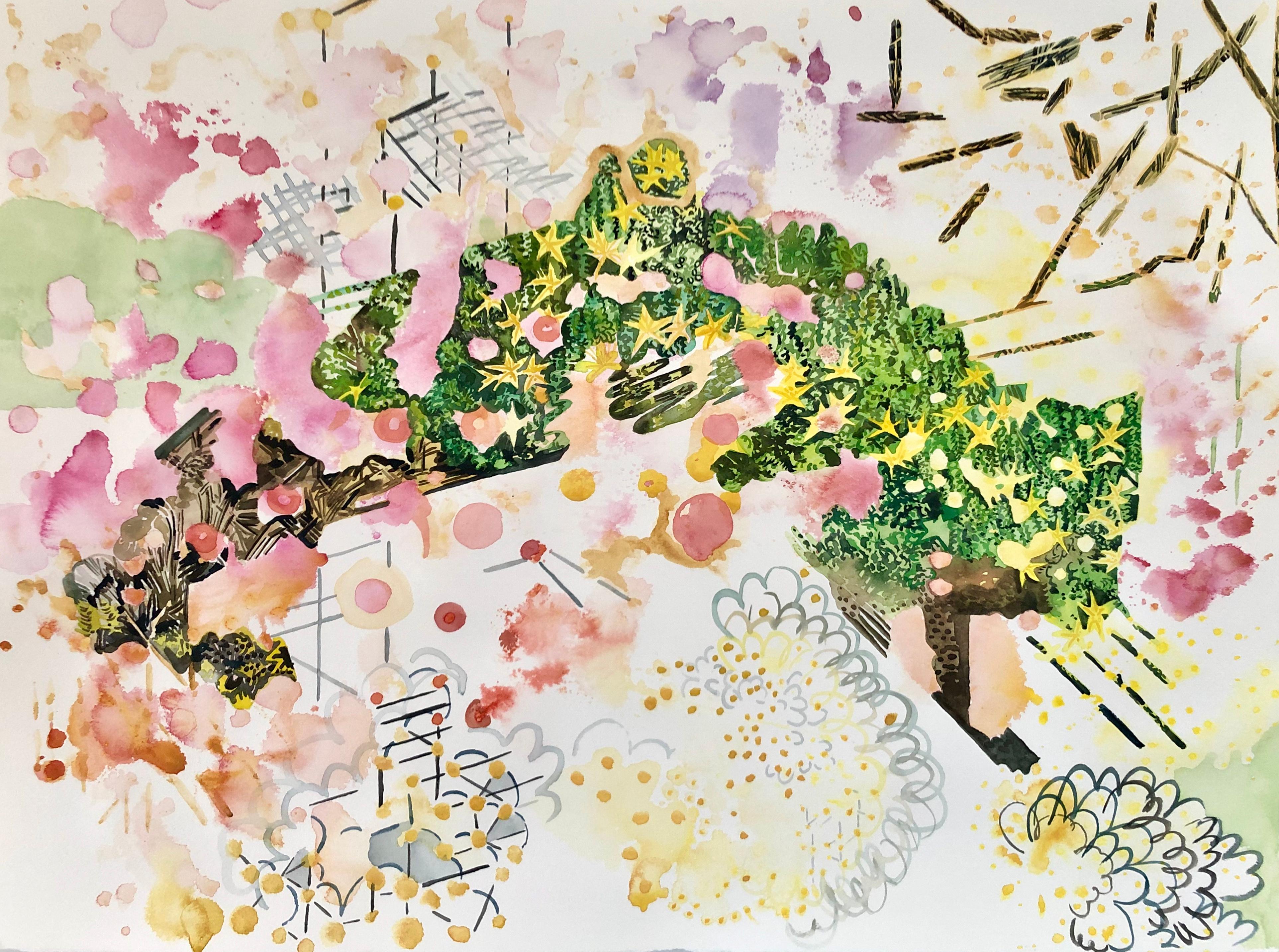 "SECRET GARDEN 2", watercolor, flowers, foliage, sky, sparkling, patterns, stars