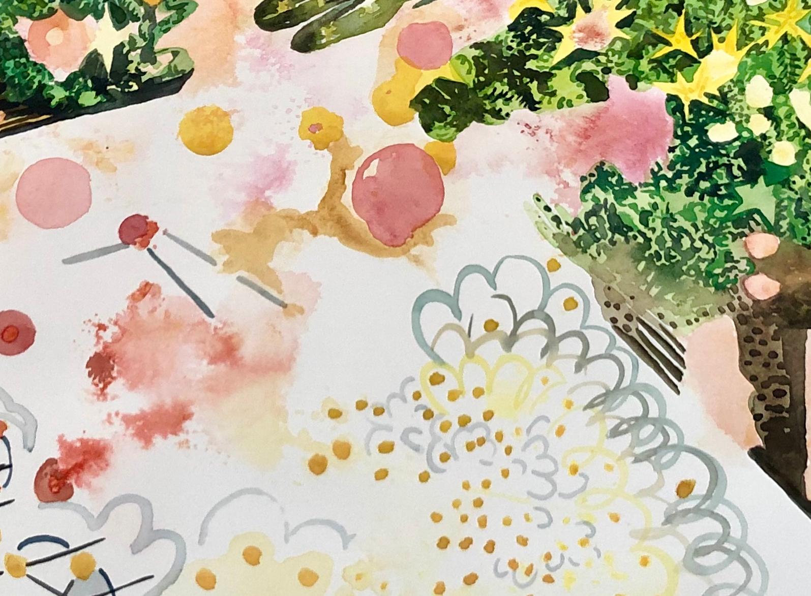 „SECRET GARDEN 2“, Aquarell, Blumen, Blattwerk, Himmel, funkelnde Muster, Sterne – Art von Fleur Thesmar