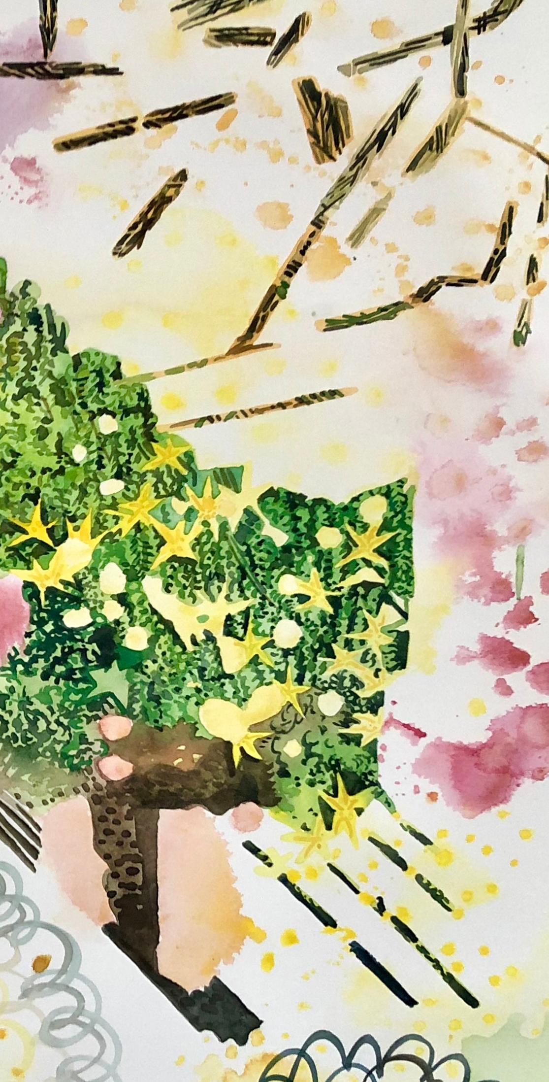 „SECRET GARDEN 2“, Aquarell, Blumen, Blattwerk, Himmel, funkelnde Muster, Sterne (Beige), Landscape Art, von Fleur Thesmar