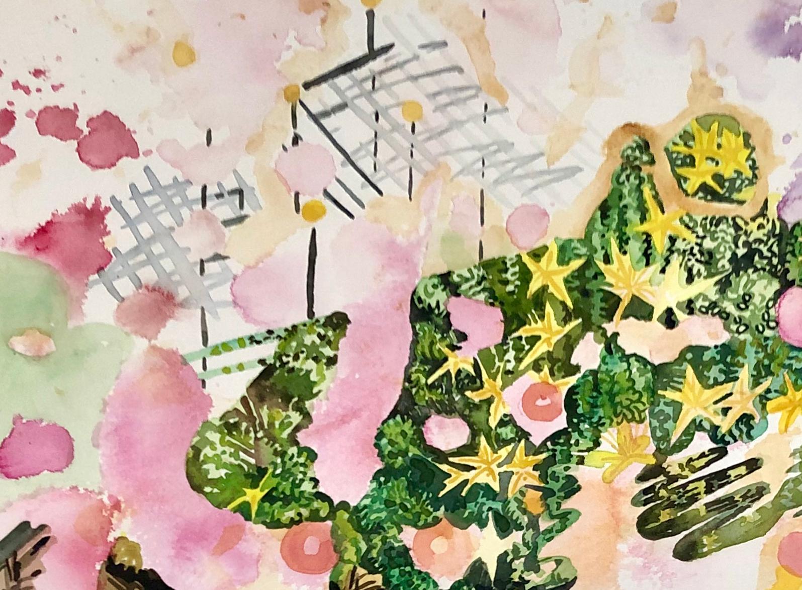 „SECRET GARDEN 2“, Aquarell, Blumen, Blattwerk, Himmel, funkelnde Muster, Sterne (Zeitgenössisch), Art, von Fleur Thesmar