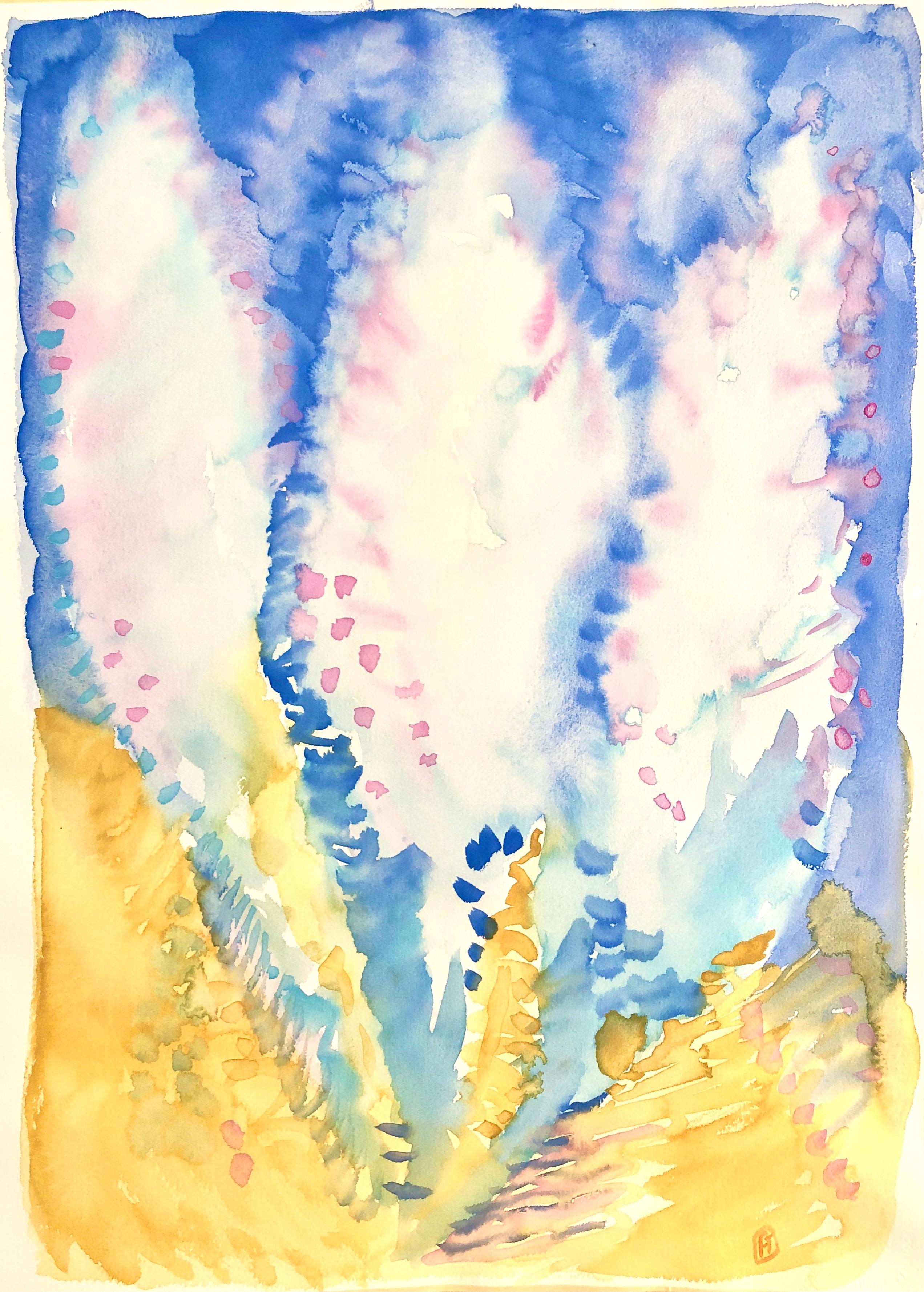„DREAM 1“, Aquarell, abstrakte Blumen, Zypressen, Federn, Flieder, Gold, Blau