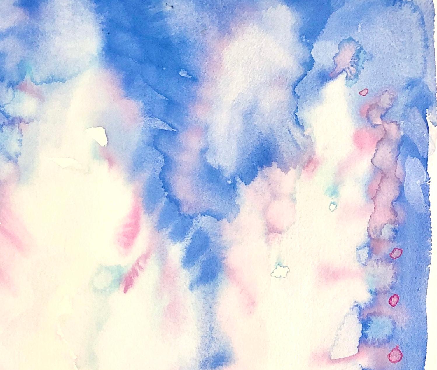 „DREAM 1“, Aquarell, abstrakte Blumen, Zypressen, Federn, Flieder, Gold, Blau (Zeitgenössisch), Art, von Fleur Thesmar