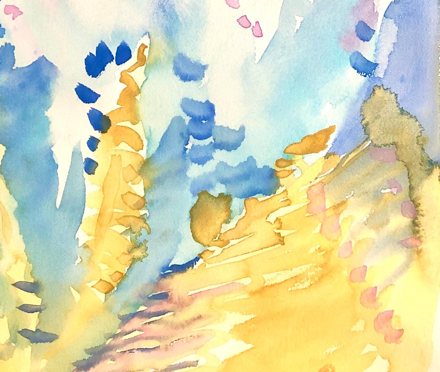 „DREAM 1“, Aquarell, abstrakte Blumen, Zypressen, Federn, Flieder, Gold, Blau – Art von Fleur Thesmar