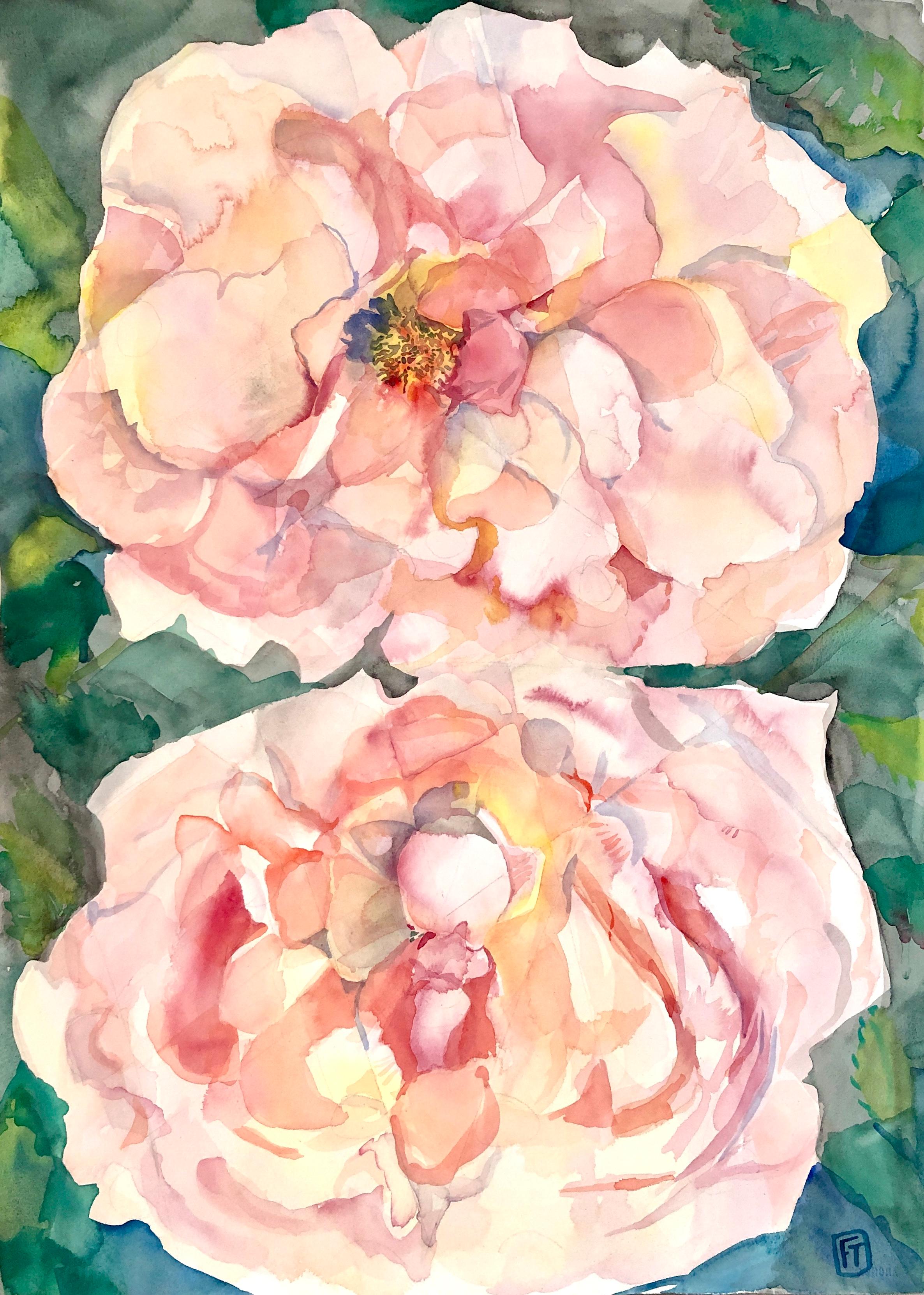 "TWO ROSES", watercolor, flowers, petals, rose, pink, green leaves, beauty, love