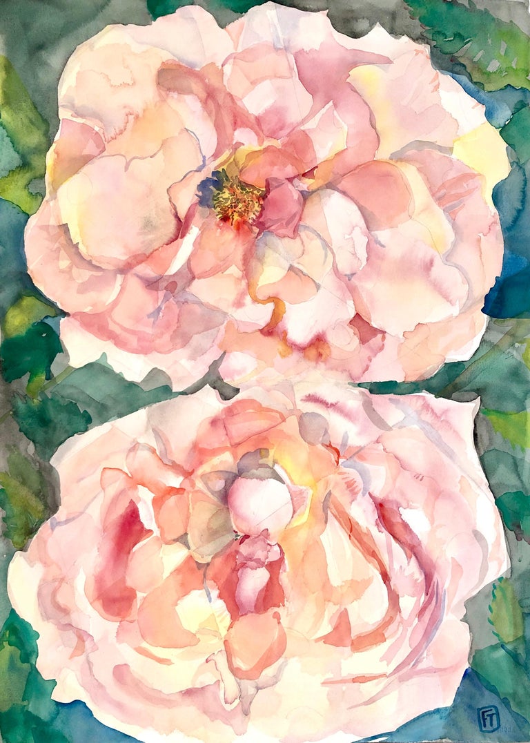 Fleur Thesmar Abstract Drawing - "TWO ROSES", watercolor, flowers, petals, rose, pink, green leaves, beauty, love