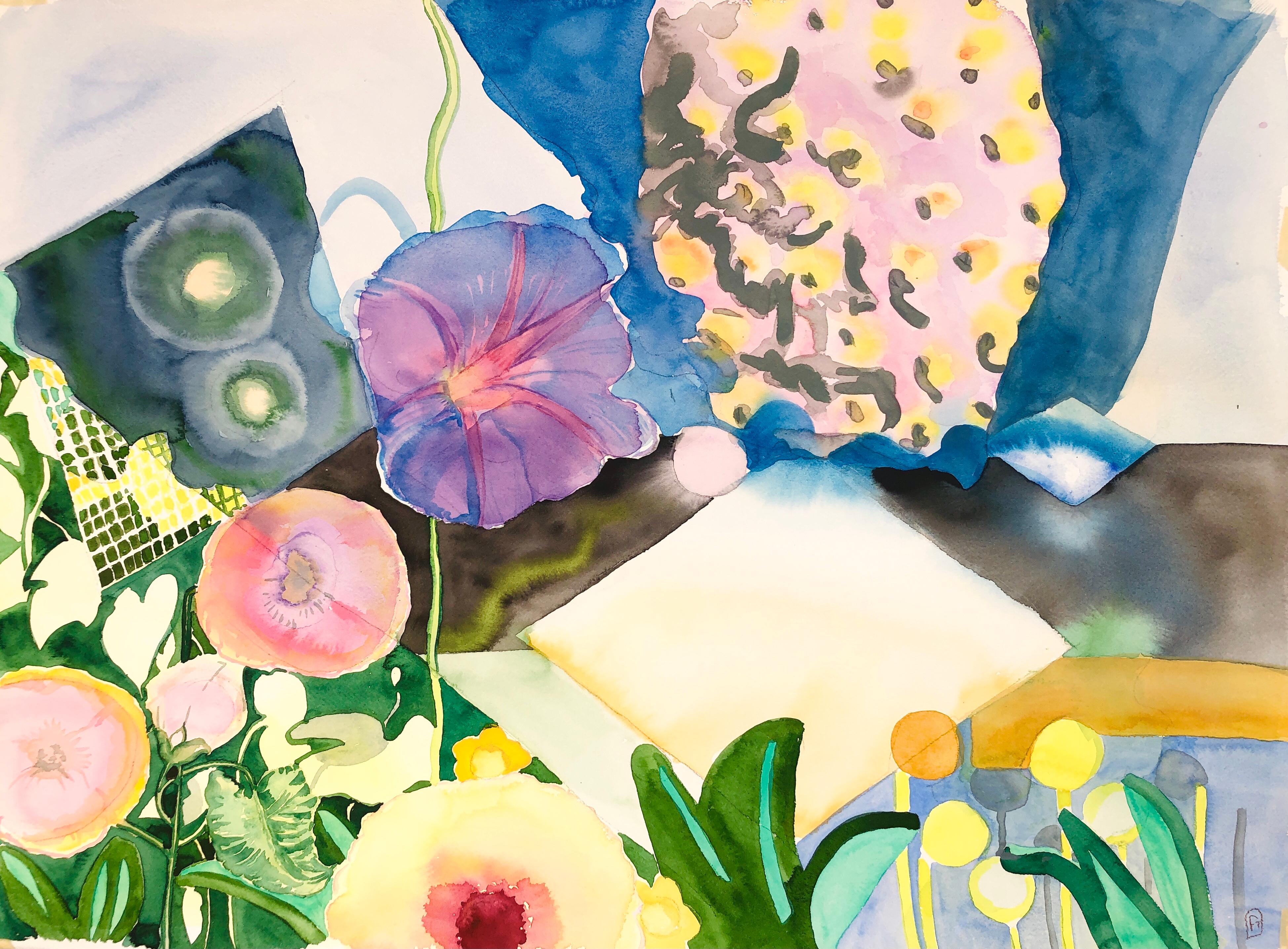 «MY OUT-of-REACH GARDEN », aquarelle abstraite, souvenir, fleurs, étoiles, textile