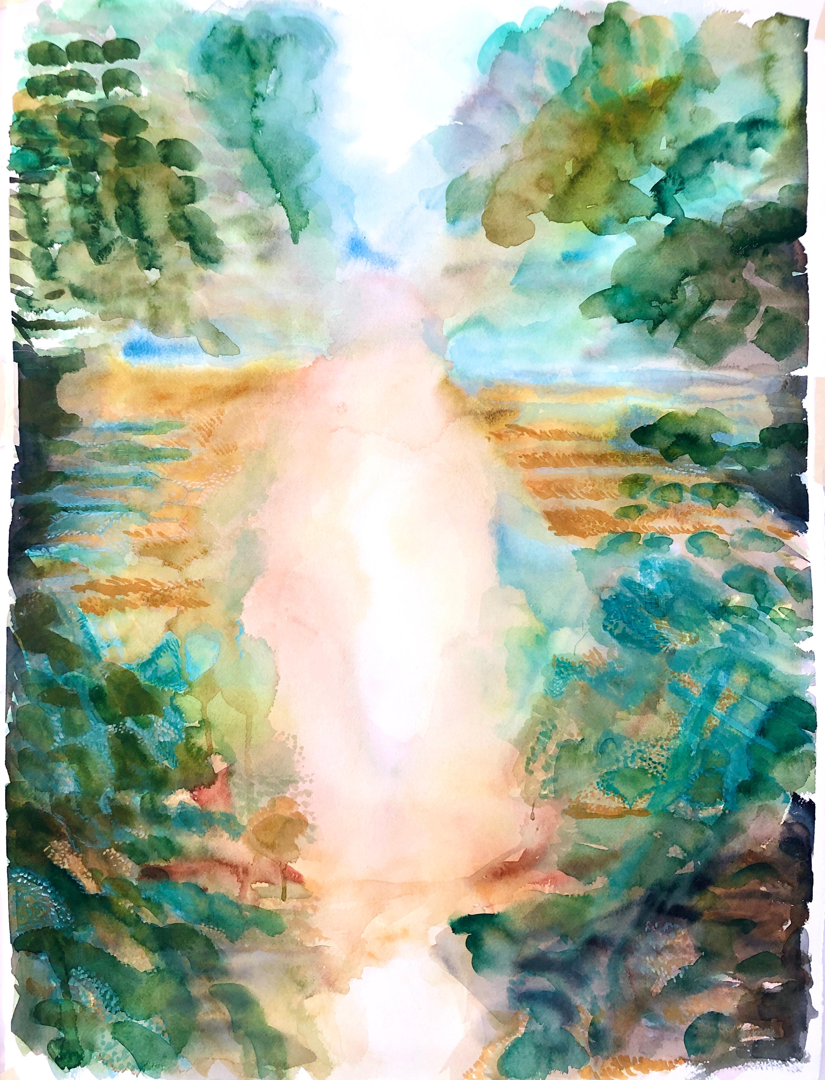 Fleur Thesmar Figurative Art – ""TRANSFIGURATION"", abstraktes Aquarell, Landschaft, Bäume, Wasser, grün, blauer Himmel