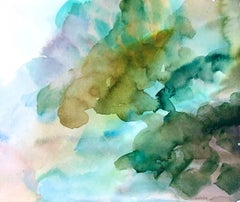 "TRANSFIGURATION", abstract watercolor, landscape, trees, water, green, blue sky