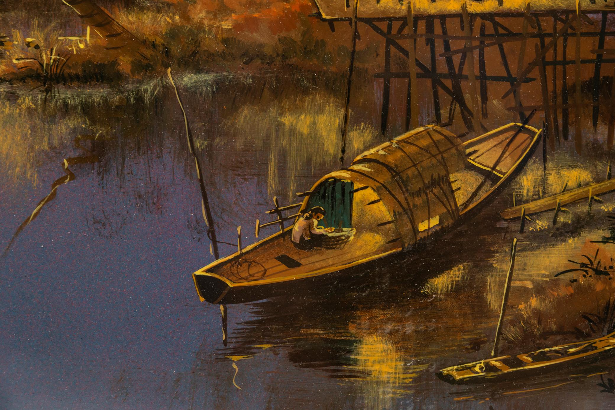 Thanh Ley, Lacquer on Wood Panel, Lake Village, Signed, circa 1960, Vietnam For Sale 1