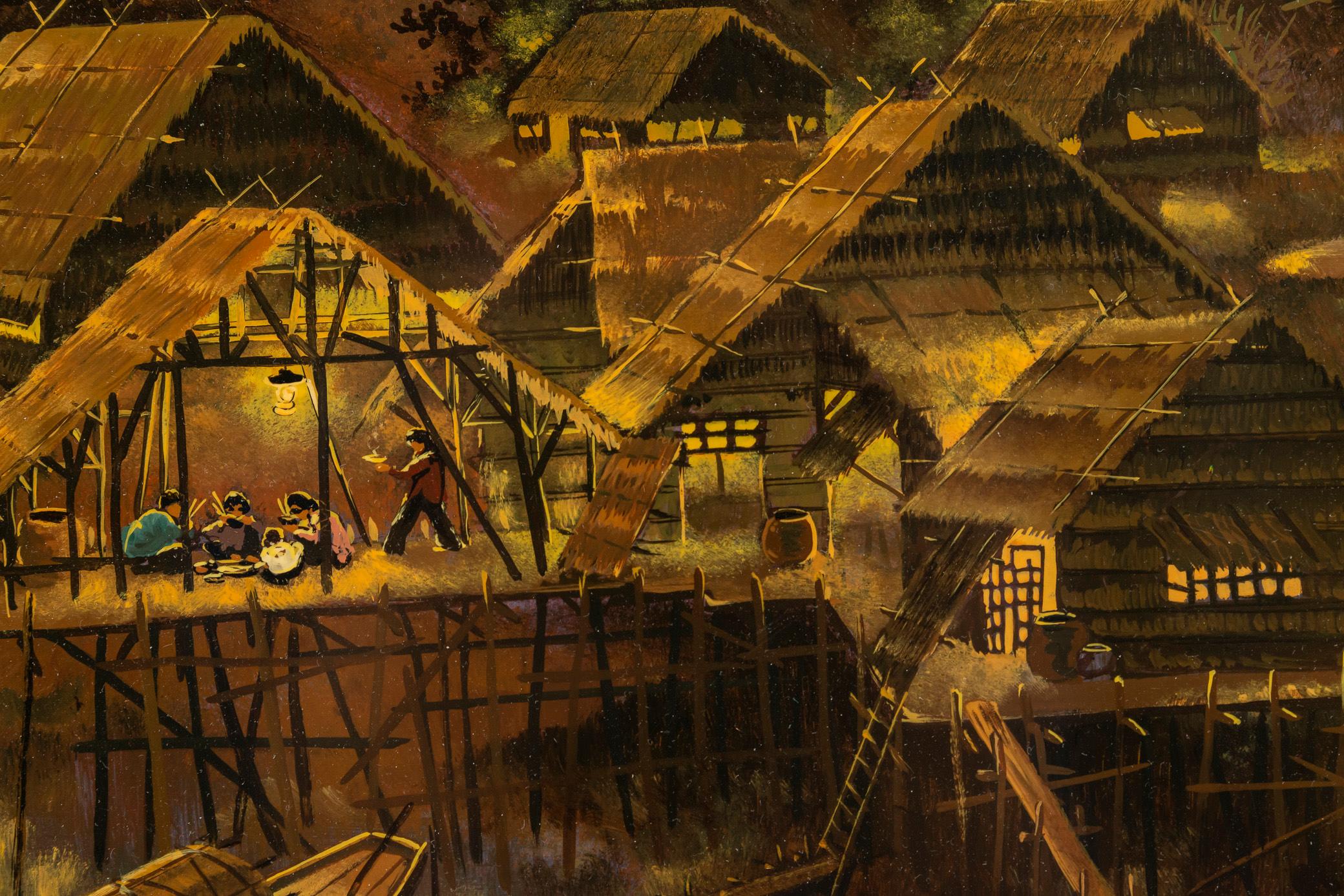 Thanh Ley, Lacquer on Wood Panel, Lake Village, Signed, circa 1960, Vietnam For Sale 2