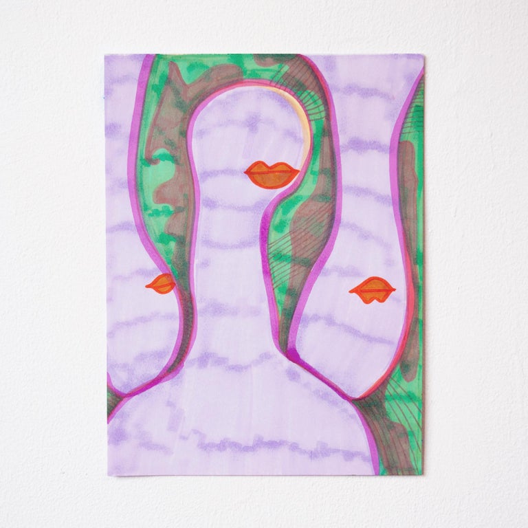 Annesta Le Figurative Art - Beings Colorful Drawing Work on Paper Contemporary Surrealist Faces Lips Purple 