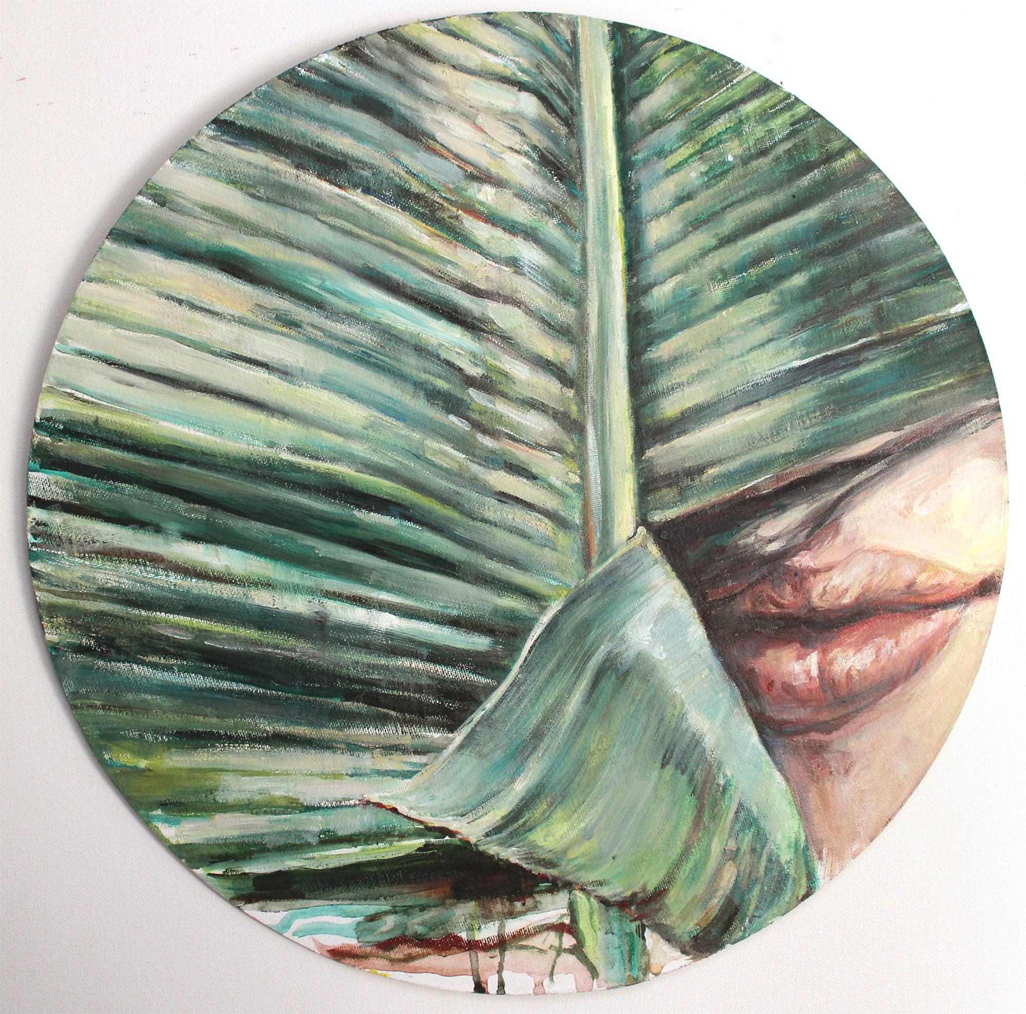 Kati Verebics Landscape Painting - 'Skins' Original oil on wood painting green palm plant lips