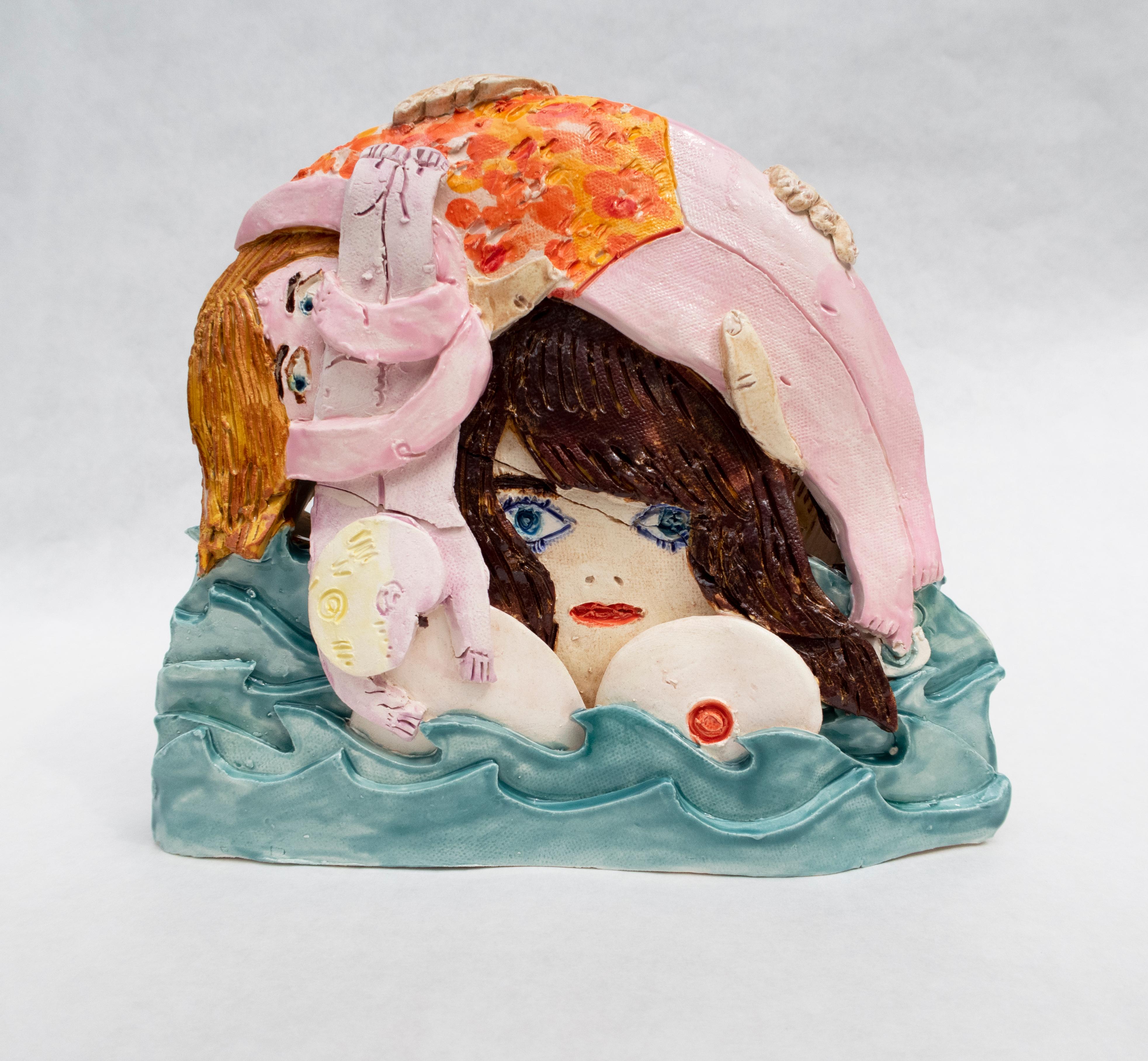 'Swimmers (Sea Monster)' Original glazed ceramic unique mother child sculpture - Sculpture by Madeline Donahue