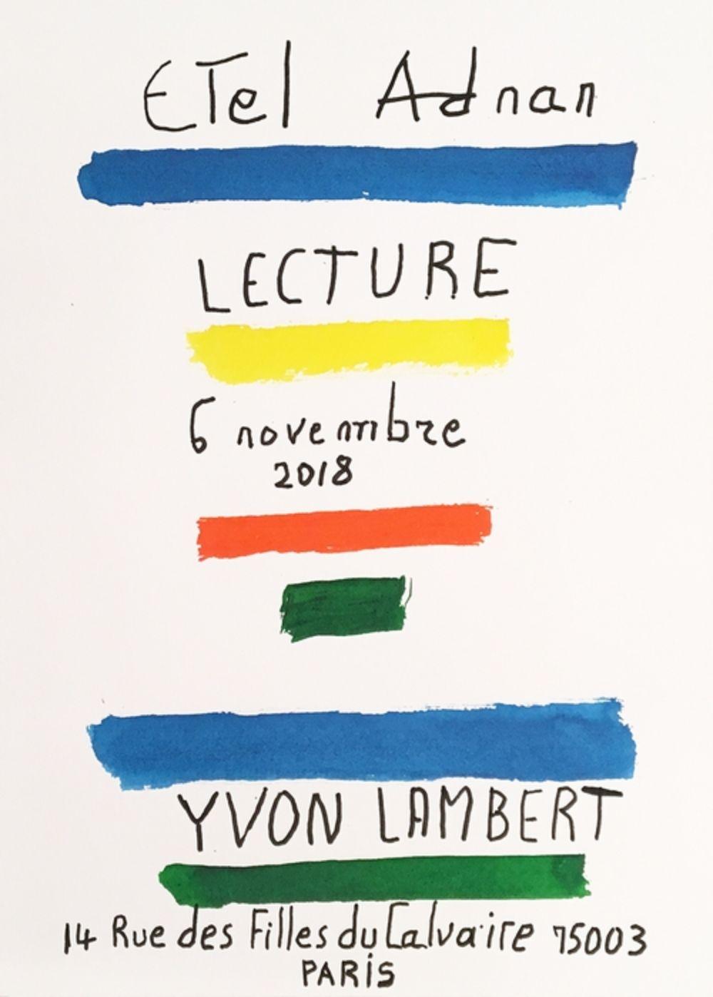 Original poster designed by Etel Adnan at the occasion of her reading
Published by Librairie Yvon Lambert
Year: 2018
Medium: Poster / Ephemera
Material: Offset lithograph print
Size: 18.11 x 12.99 inches (46 x 33 cm)

Poster is sold unframed. Ship