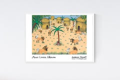 I djungeln (In the Jungle), Exhibition poster, lion dog palm trees, village