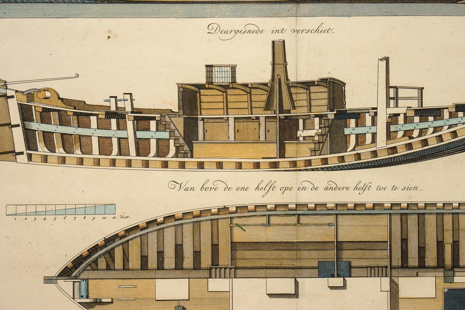 Unique engraving on laid paper with hand-coloring by Tileman van der Horst (Dutch, active 18th century) illustrating a three-quarters, cross-section, and top view of a barge designed for breaking the ice on the canals.  This illustration was one of