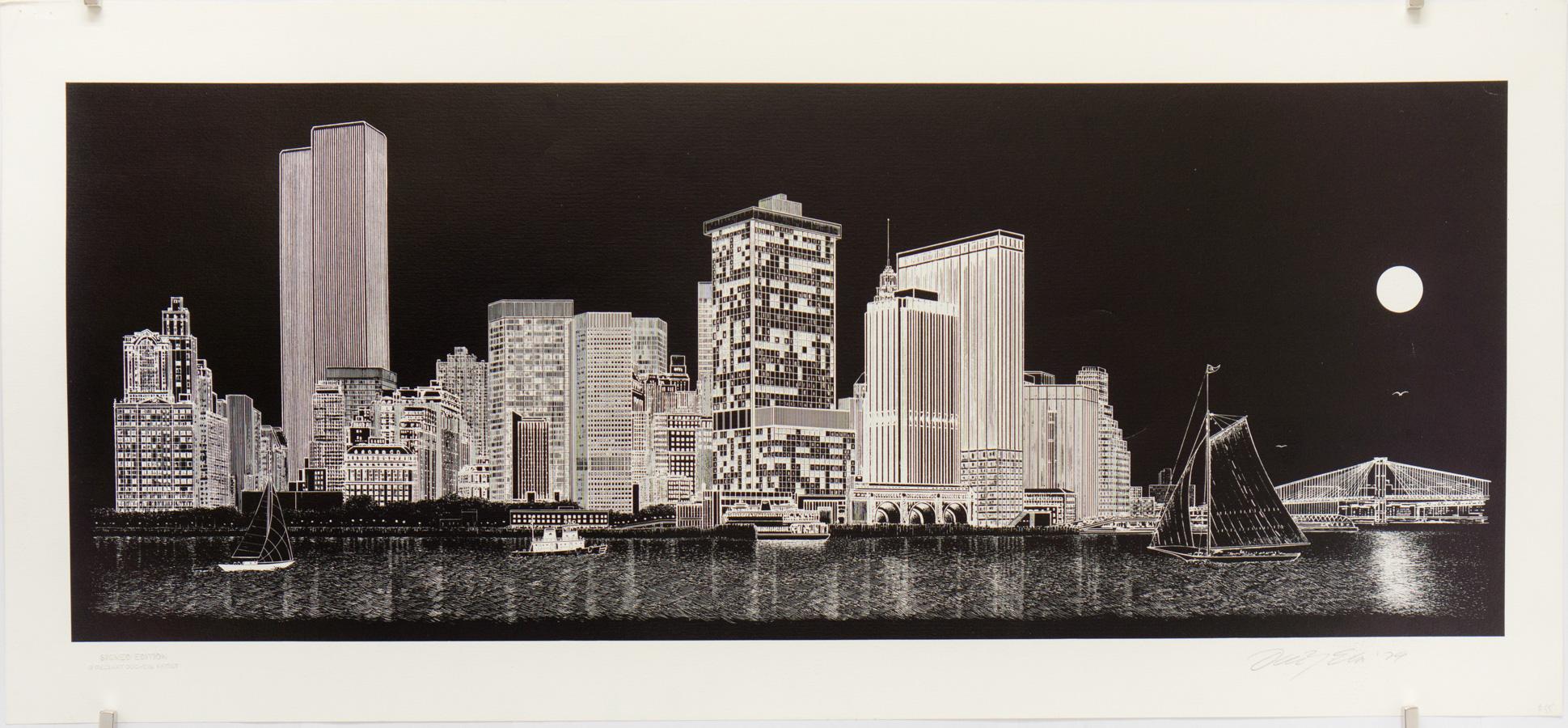 Delbart Duchein Landscape Print – Downtown Manhattan Skyline at Night