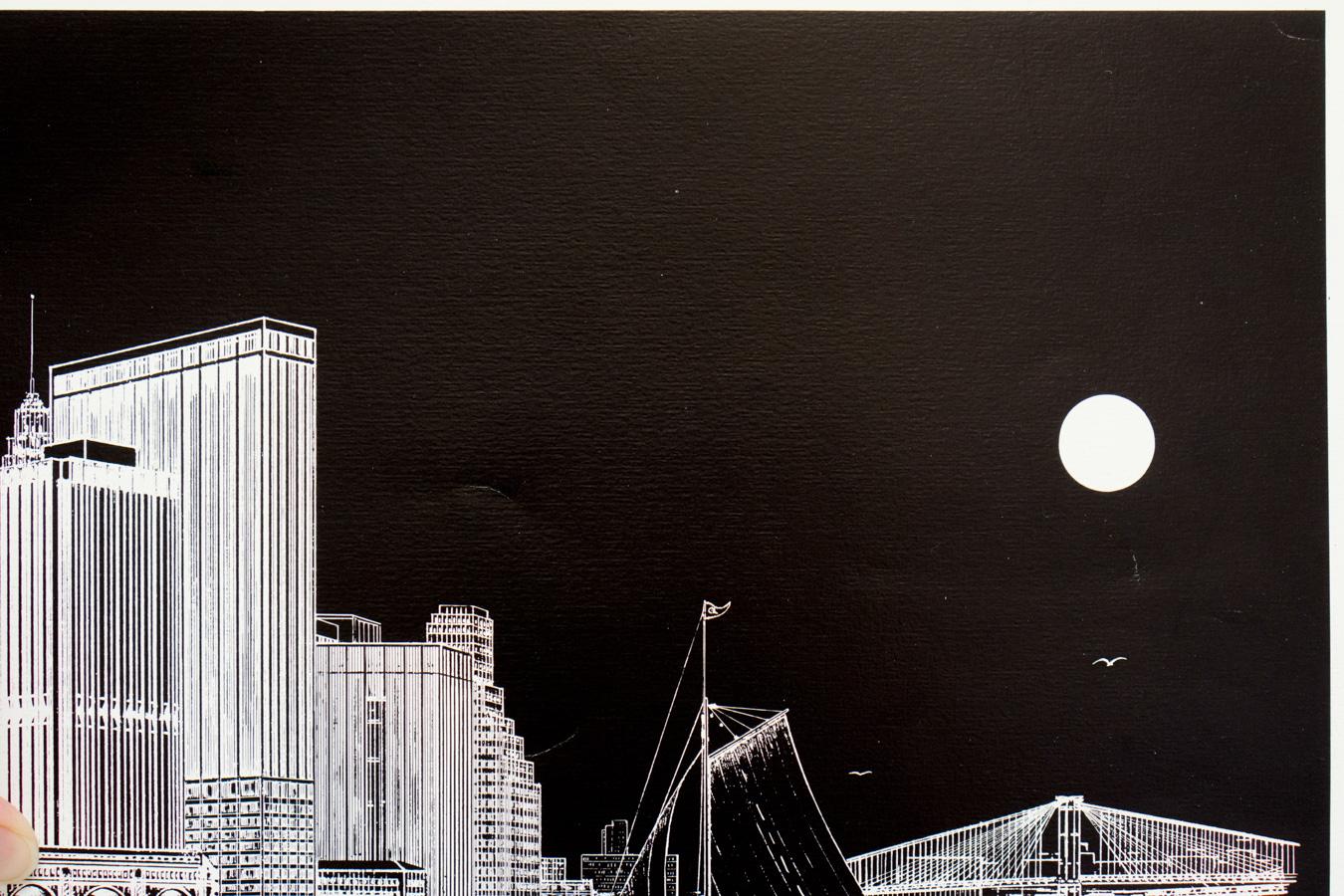 Downtown Manhattan Skyline at Night - Black Landscape Print by Delbart Duchein
