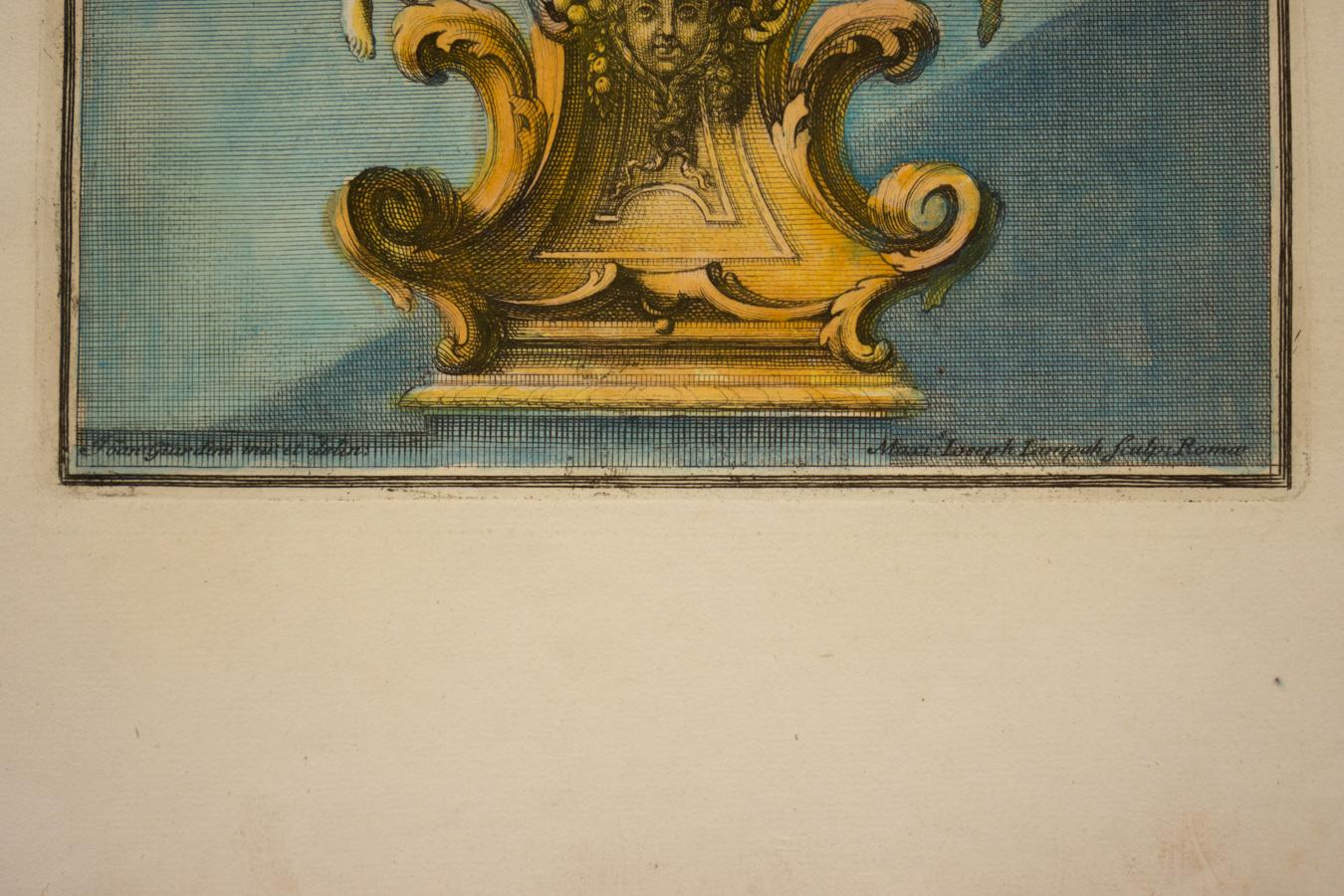 Grabado de Giovanni Giardini (1646-1721) para Disegni Diversi [Diseños diversos]. Publicado originalmente en 1714 en Praga y reeditado posteriormente en 1750 en Roma, Disegni Diversi fue considerado la mejor colección de patrones de objetos profanos
