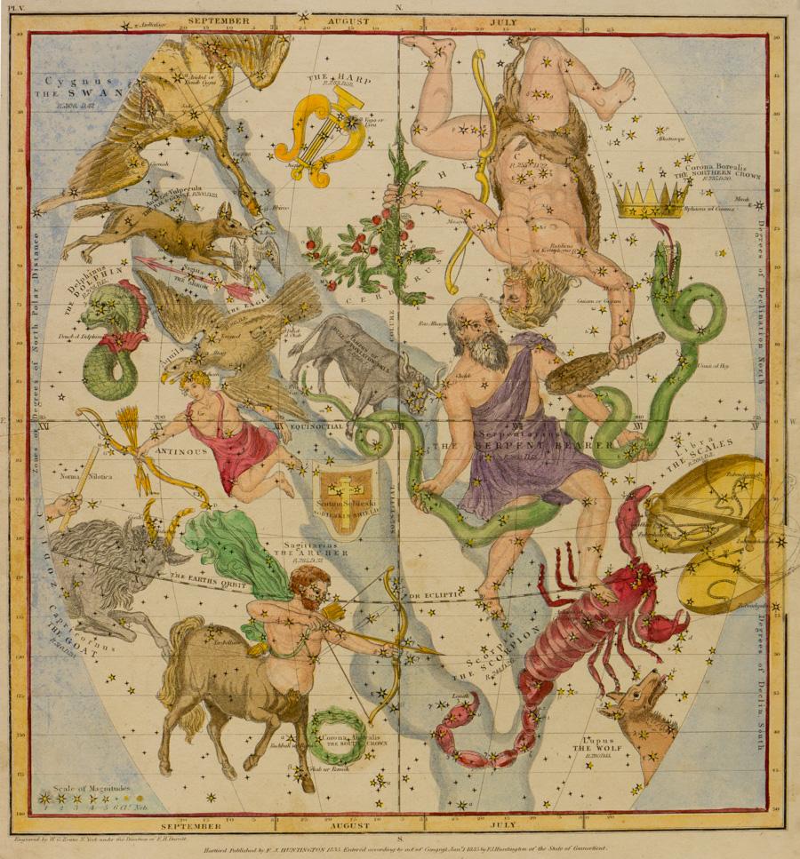 Plano del Sistema Solar: Las Constelaciones en Septiembre, Agosto y Julio - Print de Elijah H. Burritt