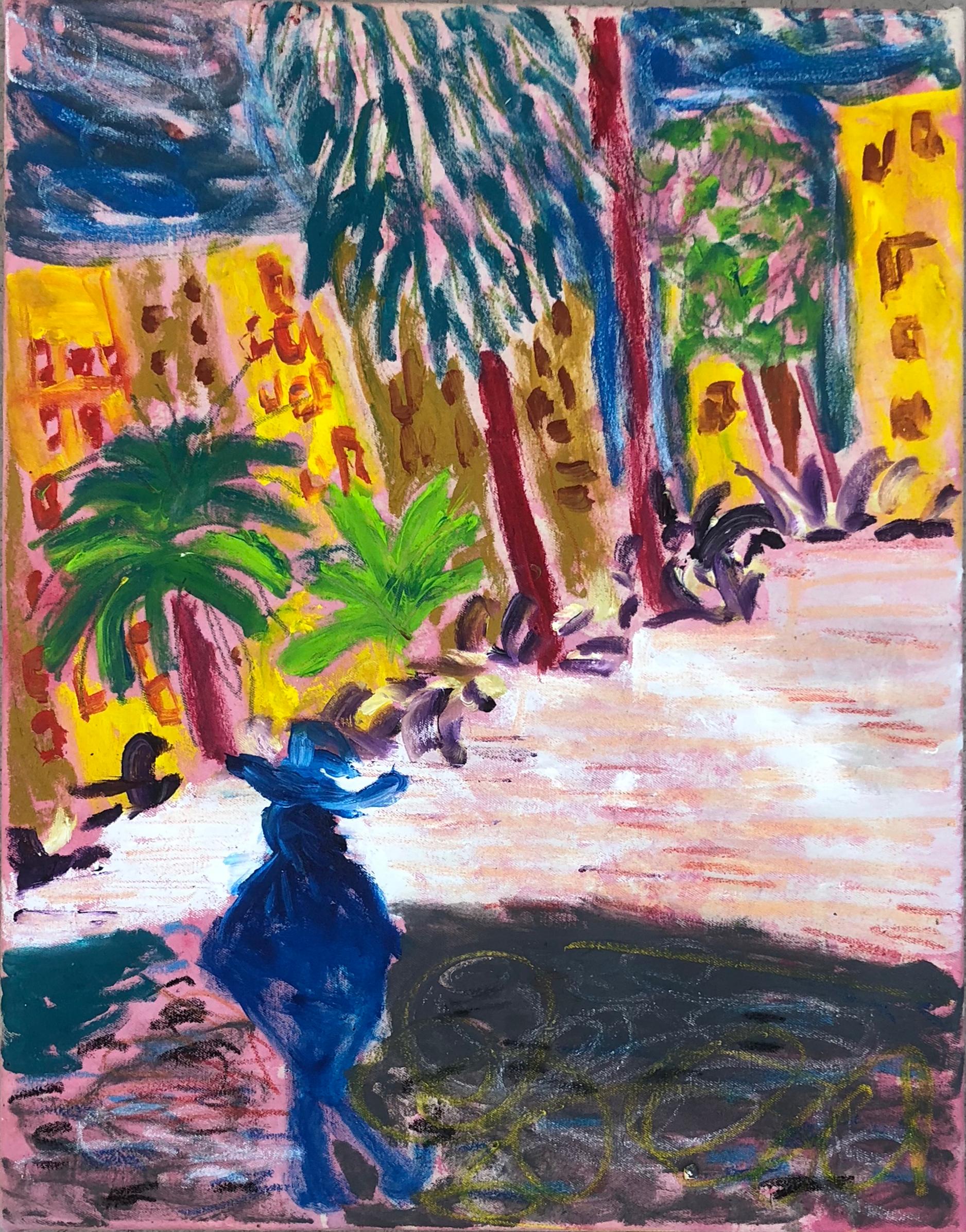 A man with a hat walking down the streets of a Mediterranean village painted by Tanja Ritterbex while being on vacation. 

Tanja Ritterbex has been called the Lady Gaga of contemporary art. She makes bolds paintings, videos (vlog's), and
