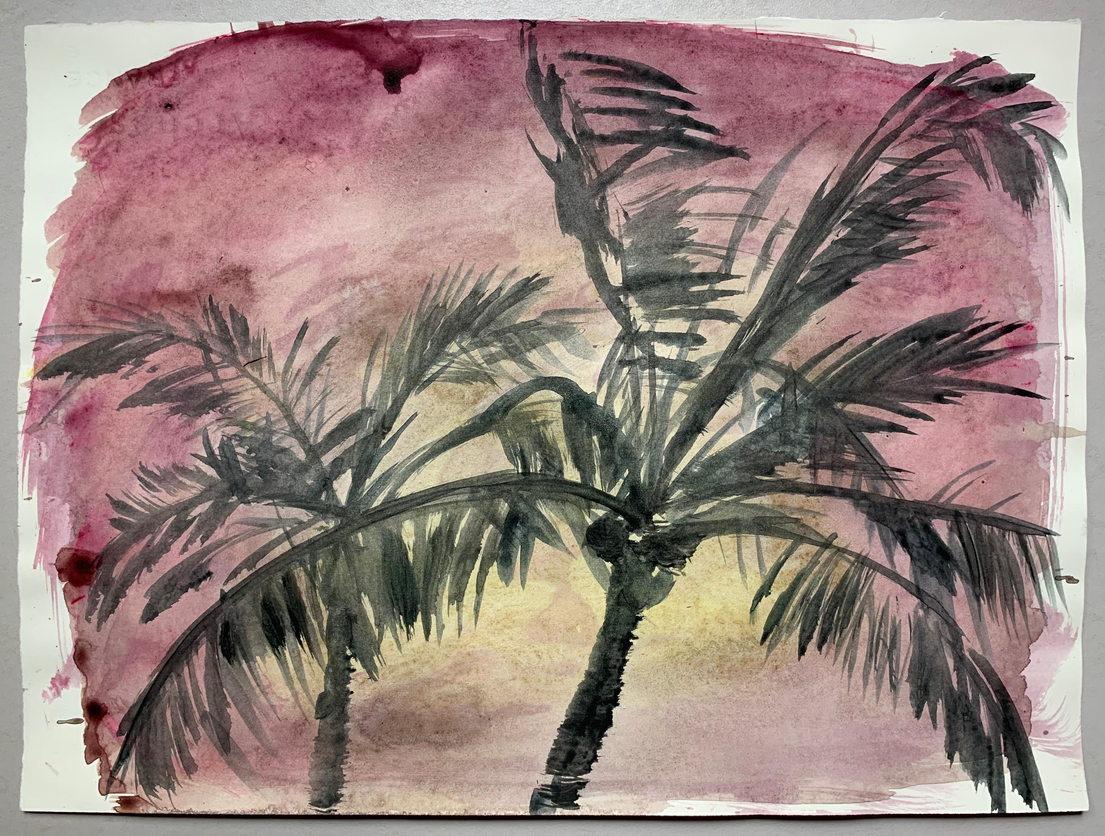 Palm leaves move in the wind against the backdrop of a beautiful purple sunset.

Sincerity and light playfulness coexist within the scope of boyhood in a merely broad yet autobiographical sense within Jasper Hagenaar’s (1977, NL) paintings. Hagenaar