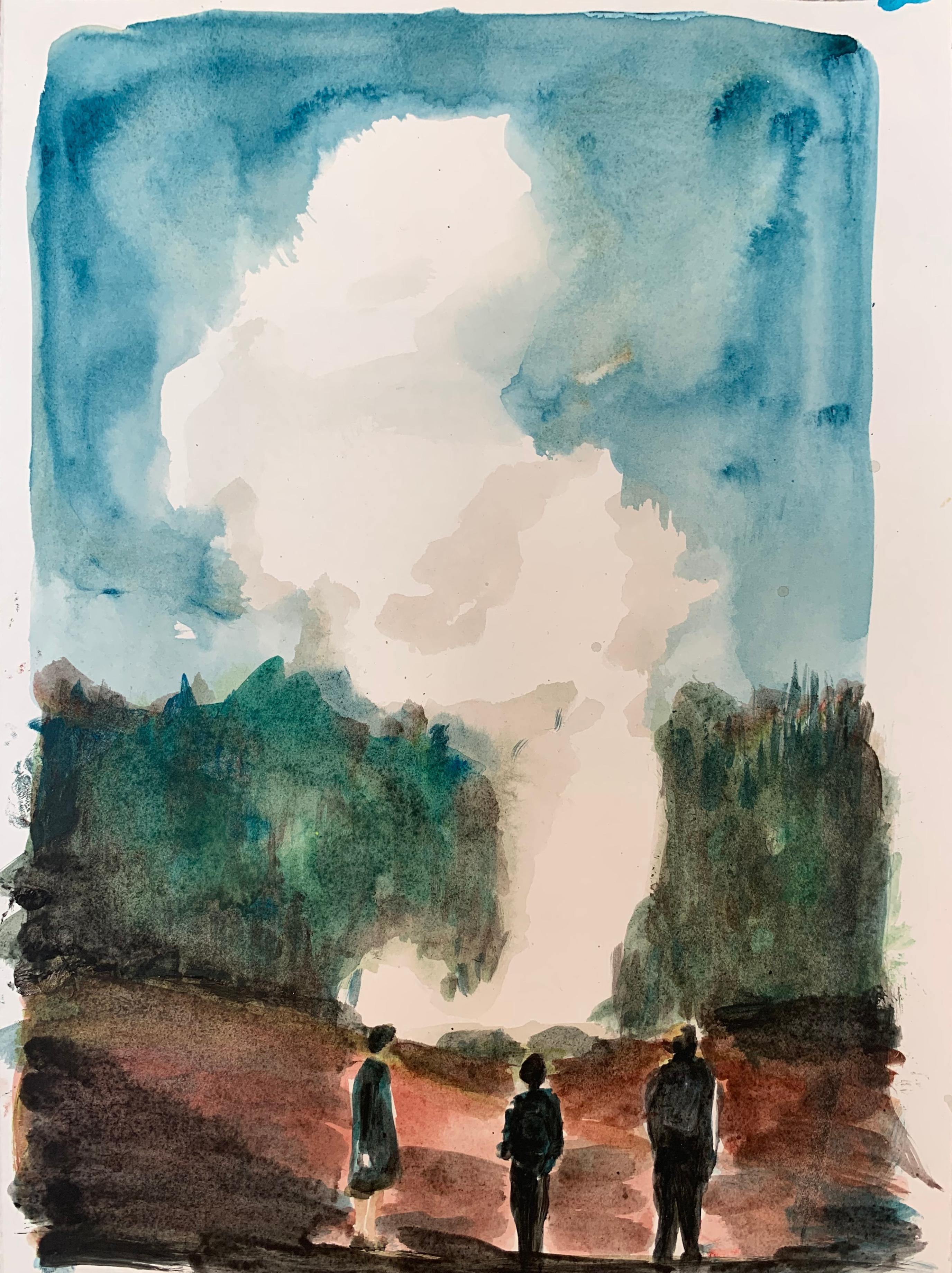 A drawing of Jasper Hagenaar, where three people are wandering in a landscape/forrest, looking at the sky which is filled with clouds. 

Sincerity and light playfulness coexist within the scope of boyhood in a merely broad yet autobiographical sense