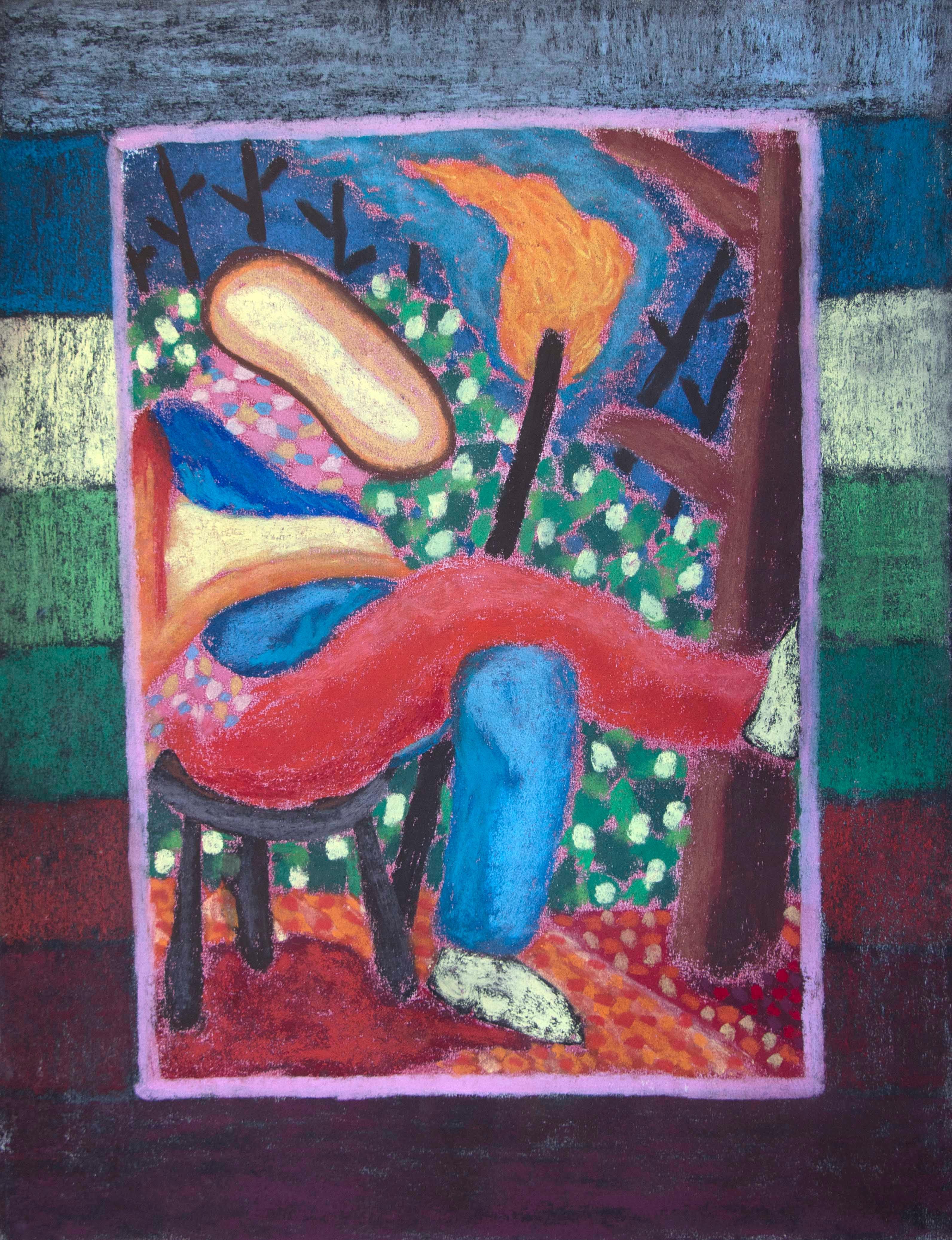 Oil pastel drawing paper by Bart Kok of a man sitting on a stool with a torch in a forrest landscape, referring to Van Gogh's manner of expressing emotions within a figurative setting, better known as divisionism.

The works of Bart Kok are based on